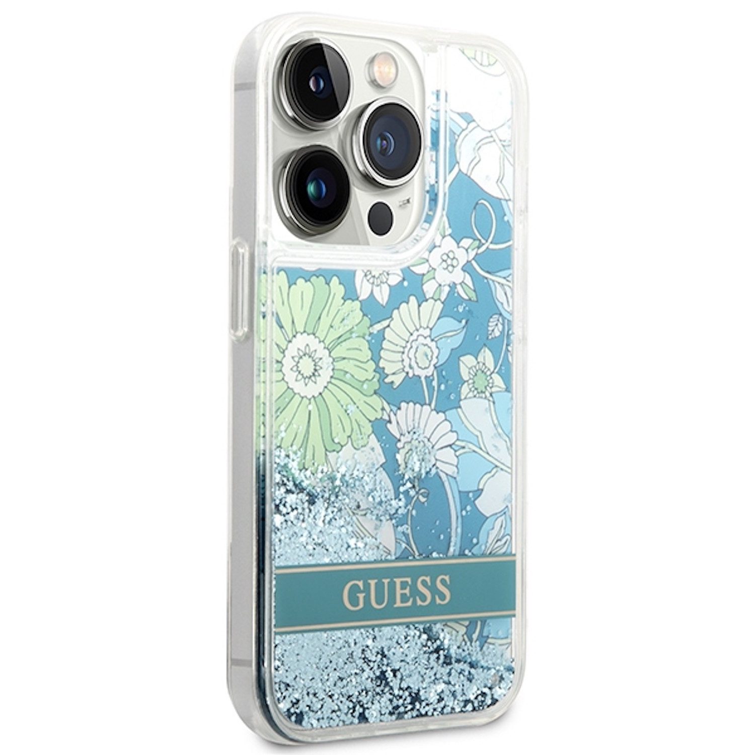 Guess Handyhülle Guess Apple iPhone 14 Pro Hard Case Paisley Liquid Glitter Blau