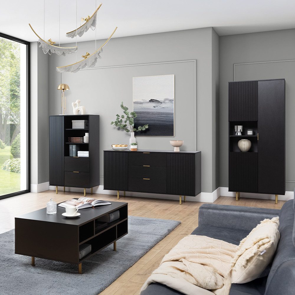 Lomadox Wohnzimmer-Set NADOR-132, (Mega-Spar-Set, 4-St., Couchtisch Highboard Sideboard Vitrine), matt schwarz, goldfarbenen Metallgriffen und -füßen, Front Rillenoptik