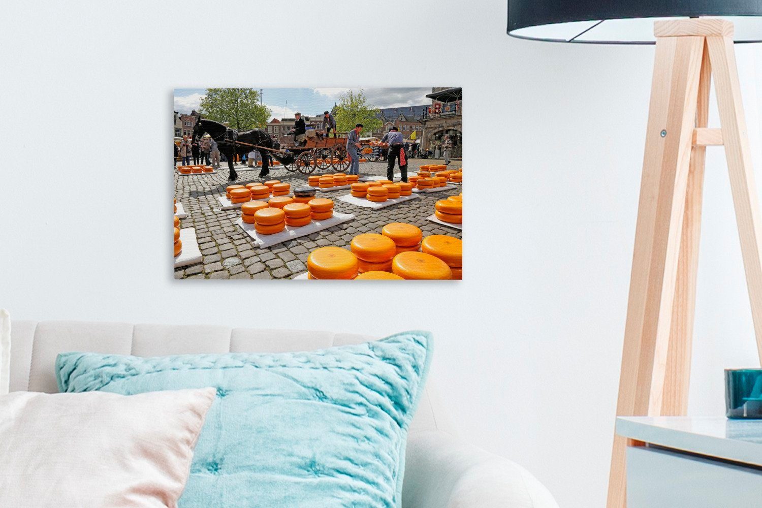 OneMillionCanvasses® Leinwandbild Markt Aufhängefertig, Wanddeko, - cm Wandbild Gouda, Käse - St), 30x20 Leinwandbilder, (1