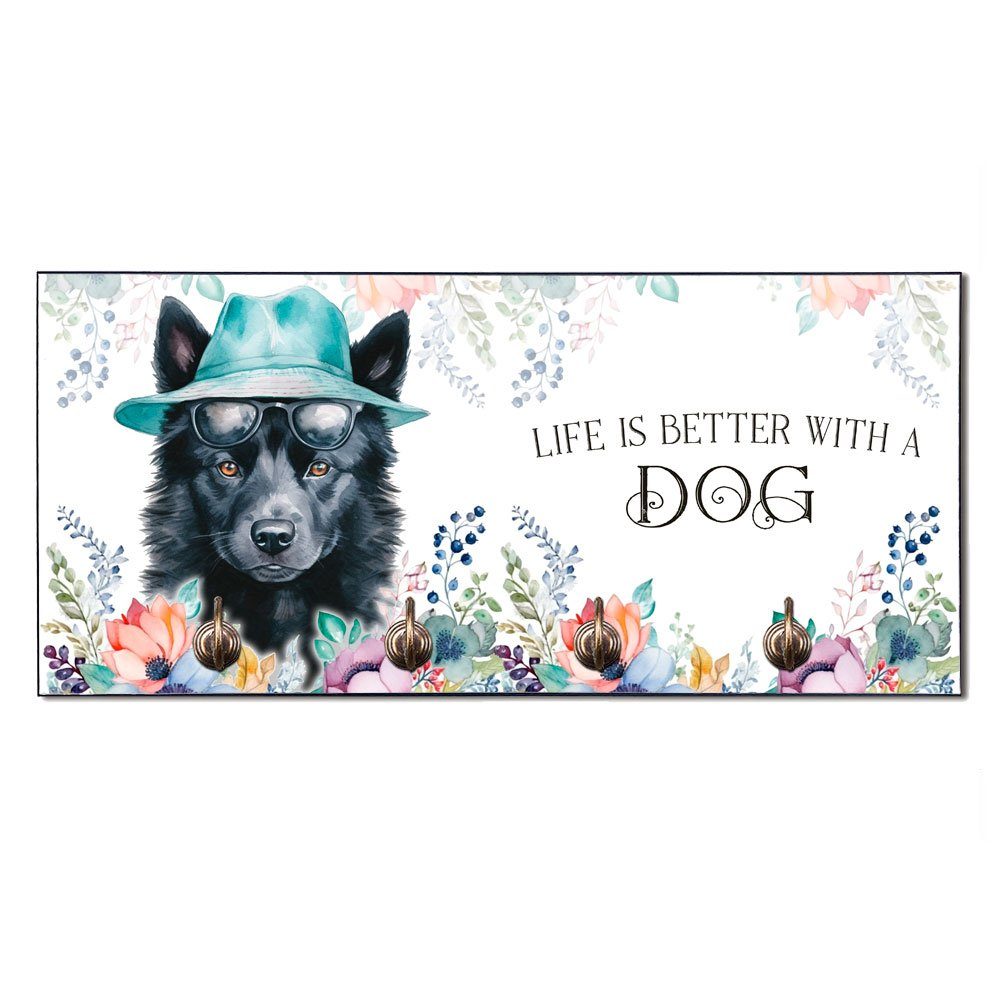 Cadouri Wandgarderobe SCHIPPERKE Hundegarderobe - Wandboard für Hundezubehör (Garderobe mit 4 Haken), MDF, mit abgeschrägten Ecken, handgefertigt, für Hundebesitzer