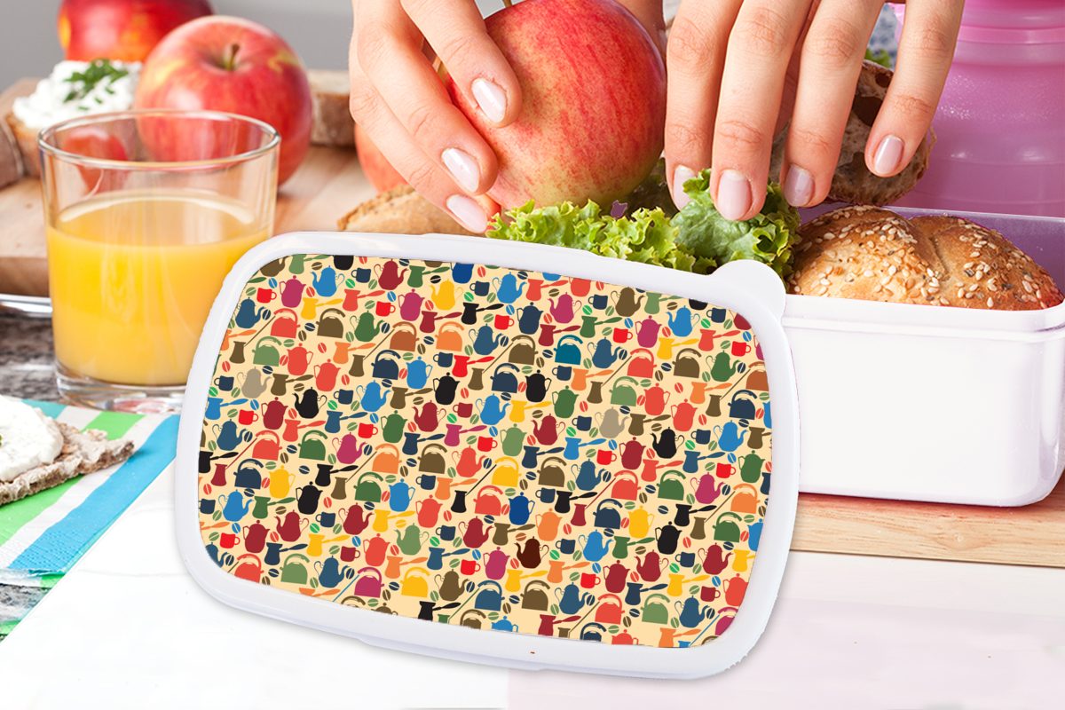 MuchoWow Lunchbox Muster - weiß - Jungs Kaffee (2-tlg), für Brotbox - Kunststoff, Brotdose, Teekanne Mädchen Retro, für und Kinder Erwachsene, und