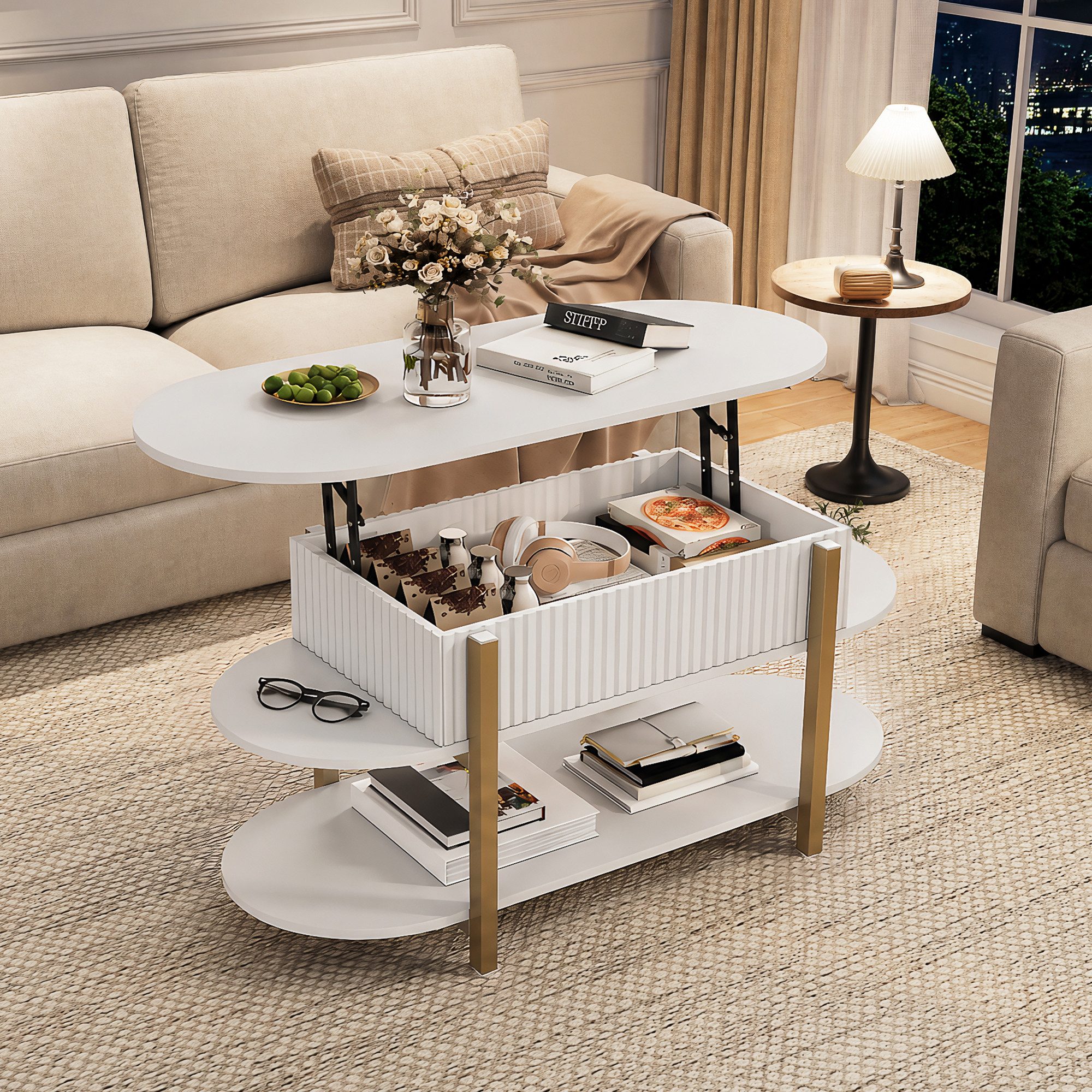 Furnishings Home Couchtisch Oval Beistelltisch Höhenverstellbarer Wohnzimmertisch sofatisch (106x(50-63)x38 cm), Ausziehbarer Wohnzimmertisch Sofatisch für Wohnzimmer