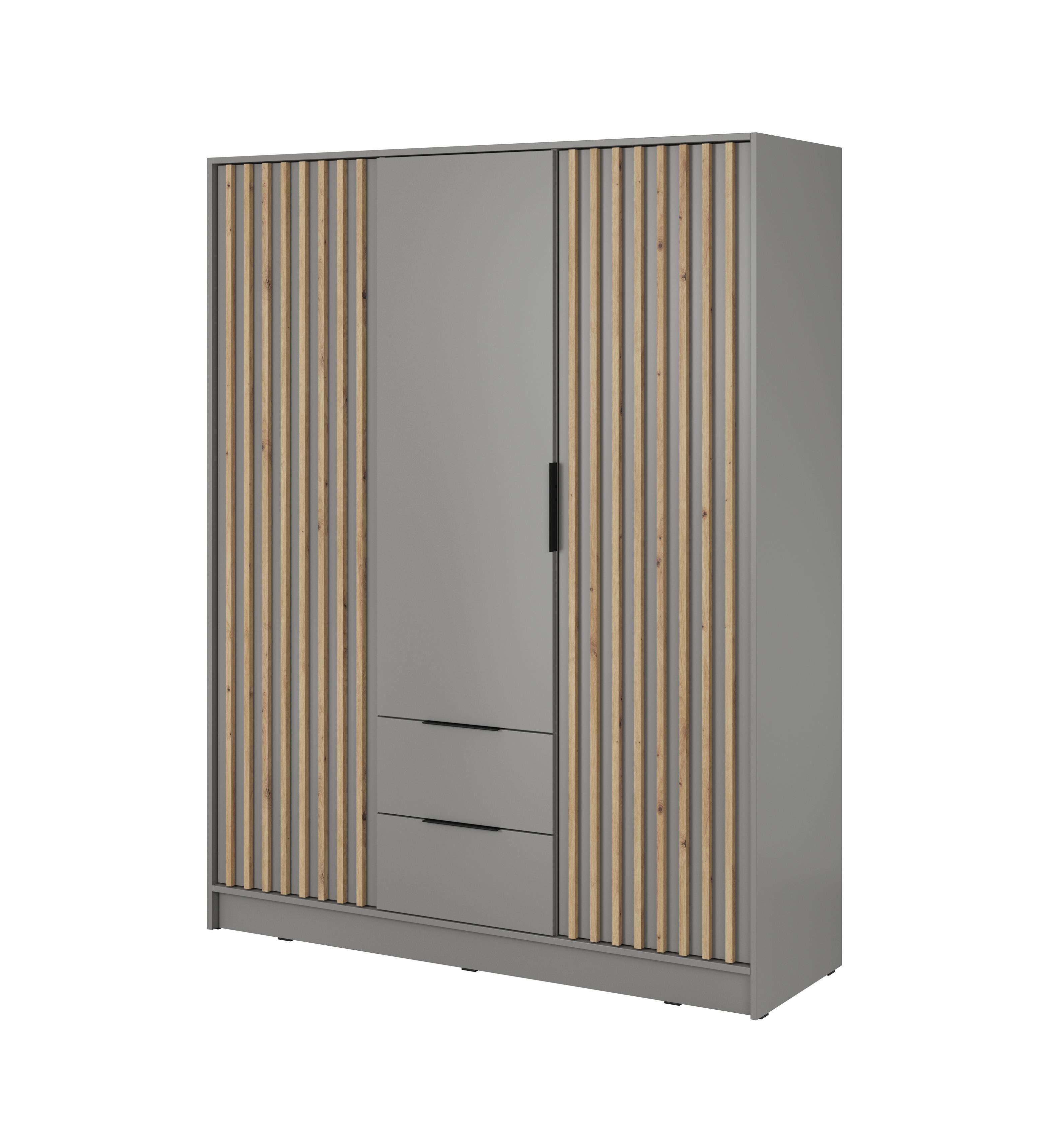 Compleo Kleiderschrank LISA Drehtürenschrank mit Lamellen, 3-türig Schrank, 150 cm grau