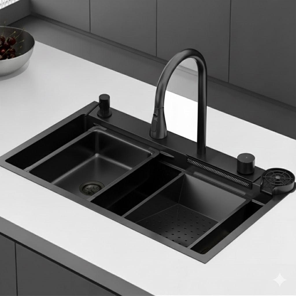 Faizee Home Edelstahlspüle Premium Küchenspüle Viele Farben Wasserfall Küchenarmatur Zubehör Set