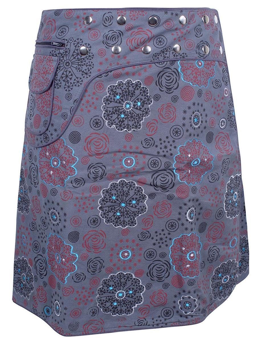 Vishes Wickelrock Rock Wickeln Druckknöpfe Sidebag Blumen bedruckt Elfen, Goa, Ethno Style grau