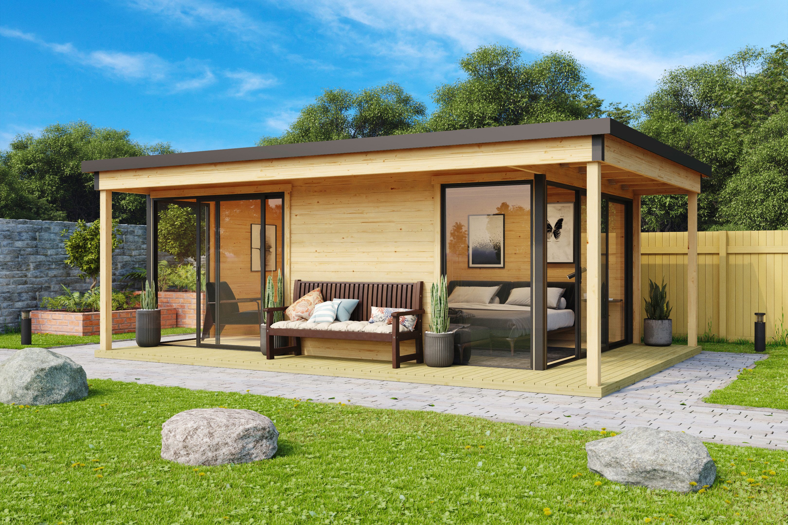LASITA MAJA Gartenhaus Domeo 3 Loggia natur, BxT: 608,4x418,9 cm, (Set), mit Überdachung, Position der Zwischenwand flexibel, BxT: 608x419 cm