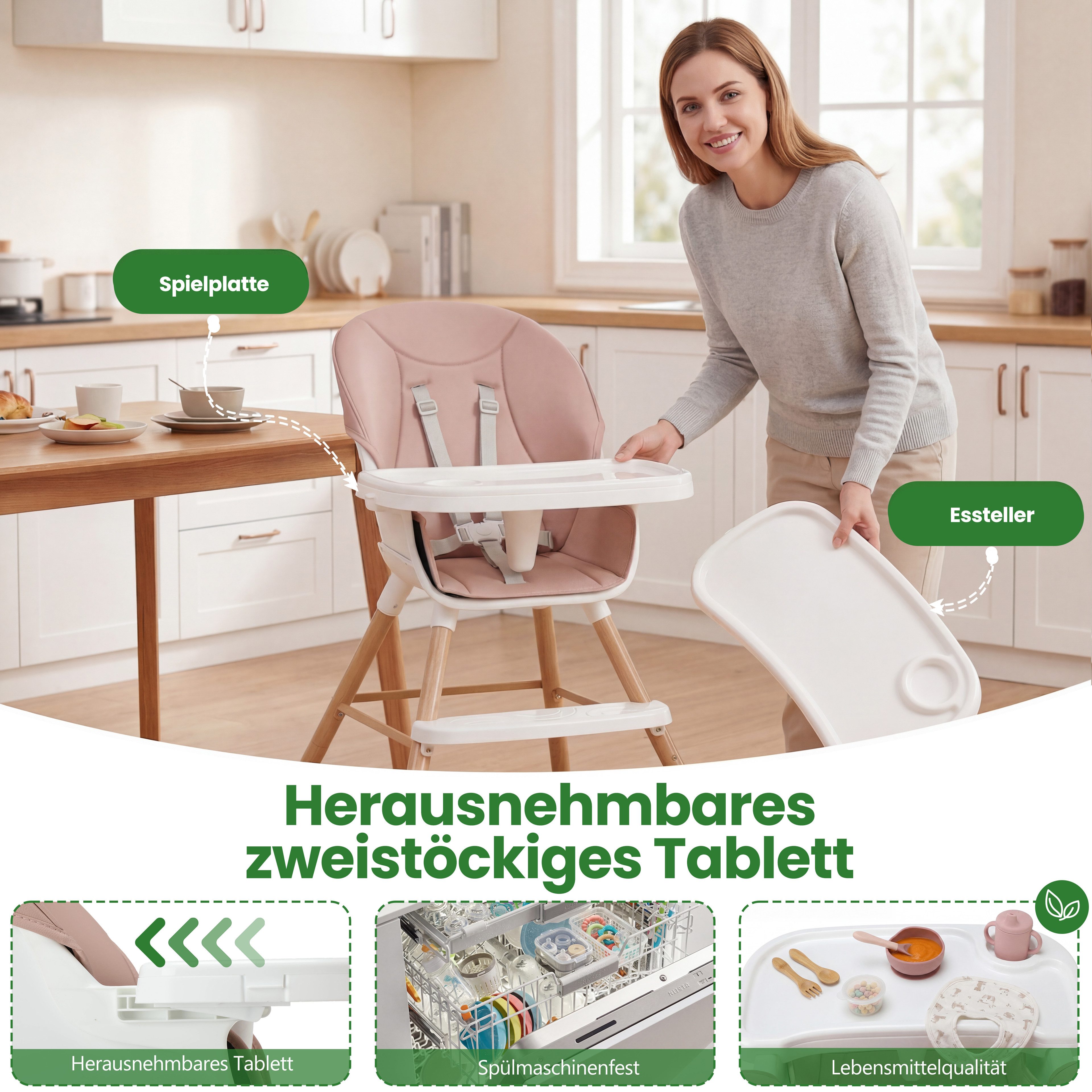 oyajia Kinderstuhl 3-in-1 Kinderstuhl, Kombistuhl, Babystuhl, Barhocker (Babystuhl für Kinder ab 6 Monate bis 5 Jahren), Babystuhl mit Tablett und 5-Punkt-Gurt, Fußstütze, Einfach zu Reinigen