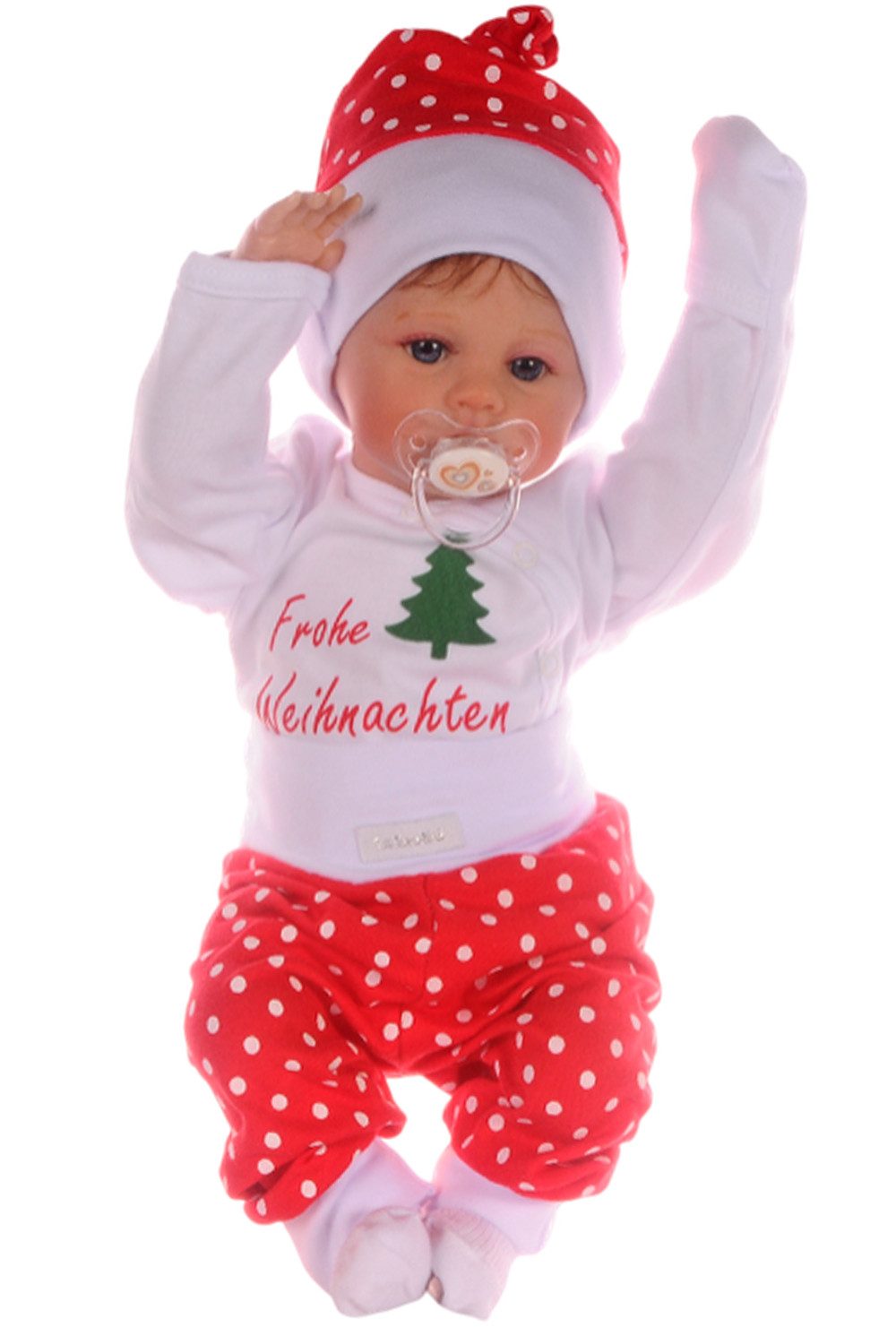 La Bortini Erstausstattungspaket Baby Anzug für Weihnachten Wickelbody Hose Mütze Socken Set (Body langarm, Knotenmütze, Strümpfe, Schlupfhose, Anzug für Babys und Kleinkinder Weihnachtlich, in Weiß Rot gepunktet) aus Baumwolle, Erstlingsset, 44 50 56 62 68 74 80 86
