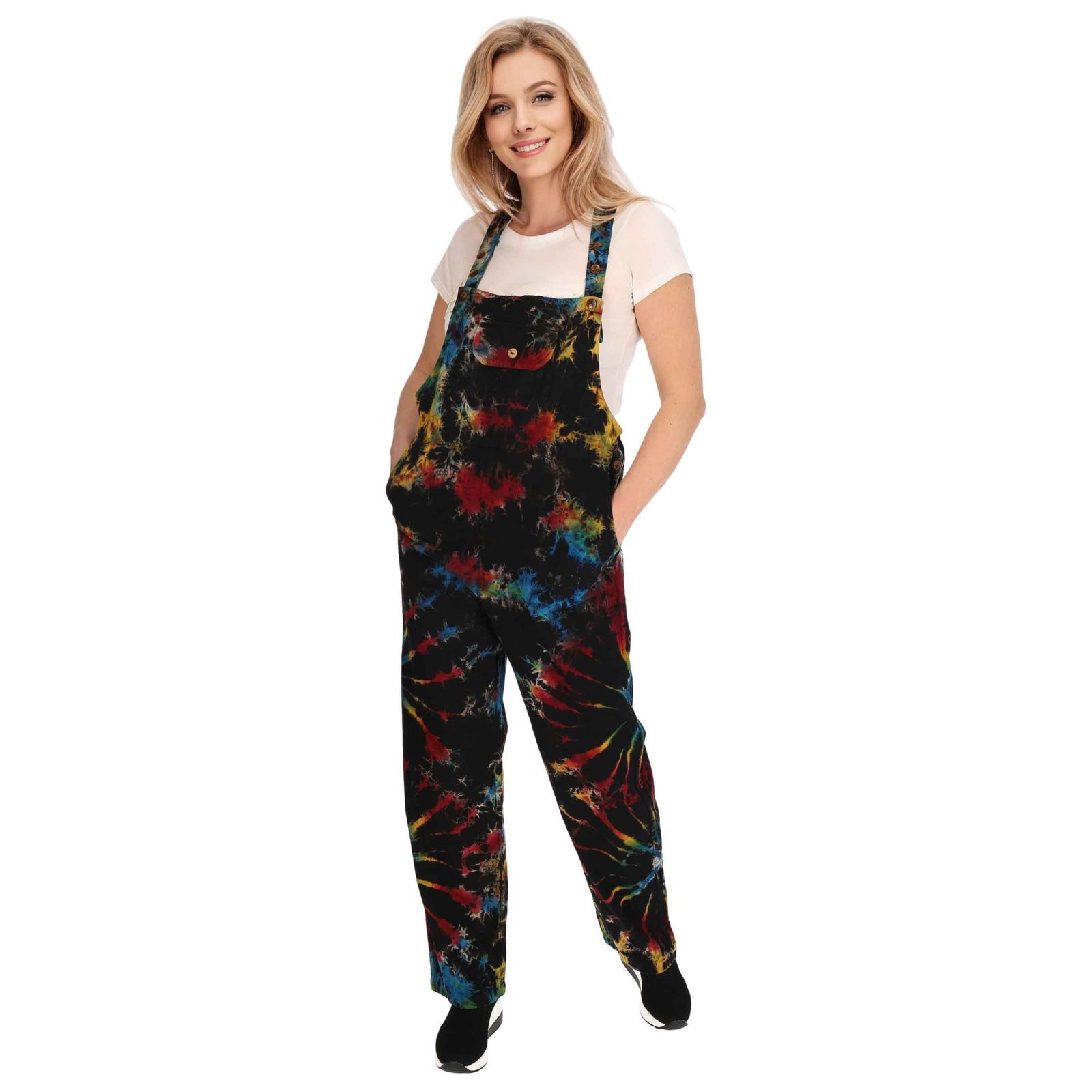 KUNST UND MAGIE Latzhose Tie Dye Batik Latzhose Haremshose Hose Psy 70er Boho Jumpsuit Bunt