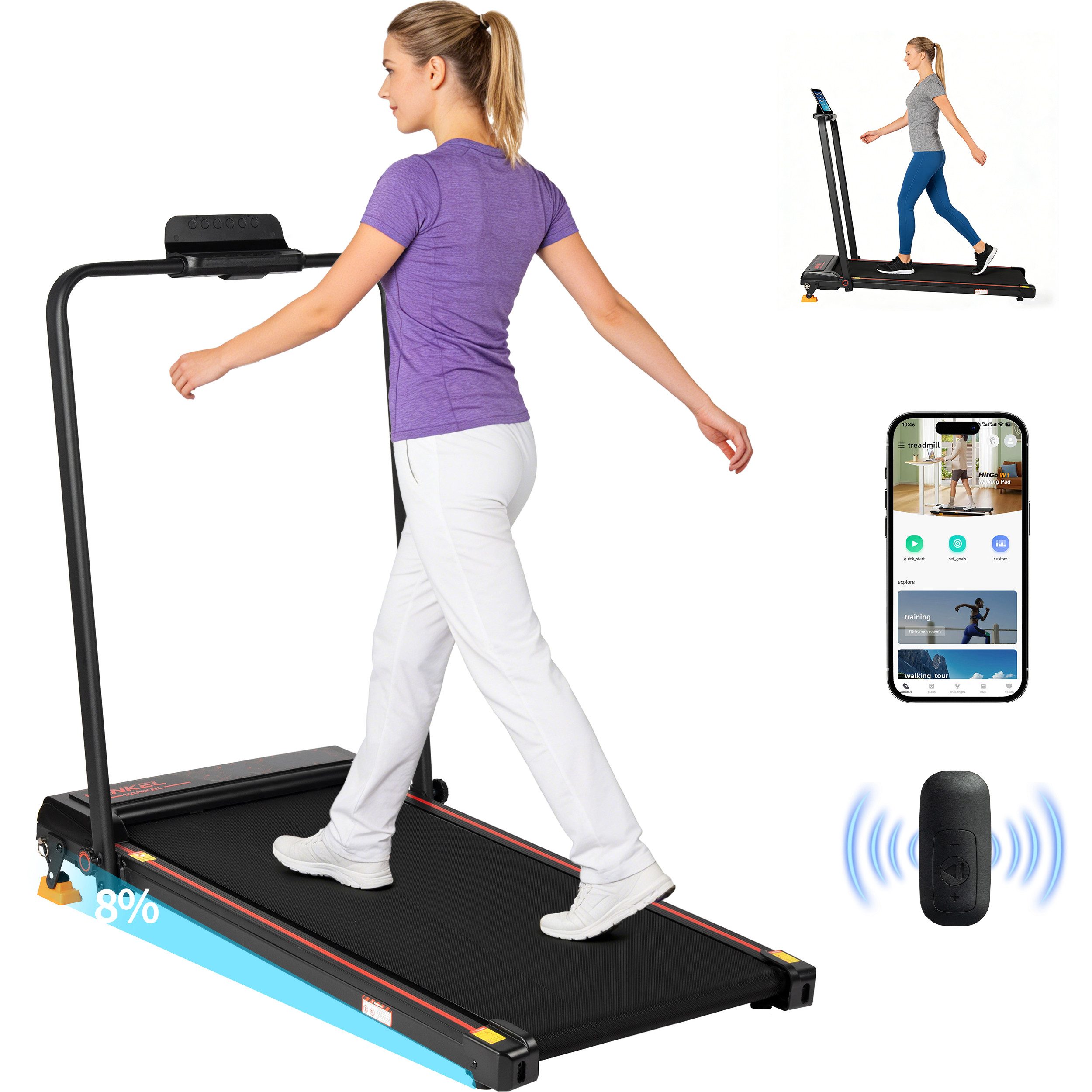 Vankel Laufband Walking Pad klappbar, 12 km/h, 8% Steigung, App-Steuerung (Fernbedienung), Mit Handlauf, LED-Display, 120 kg, flach verstaubar, Homeoffice