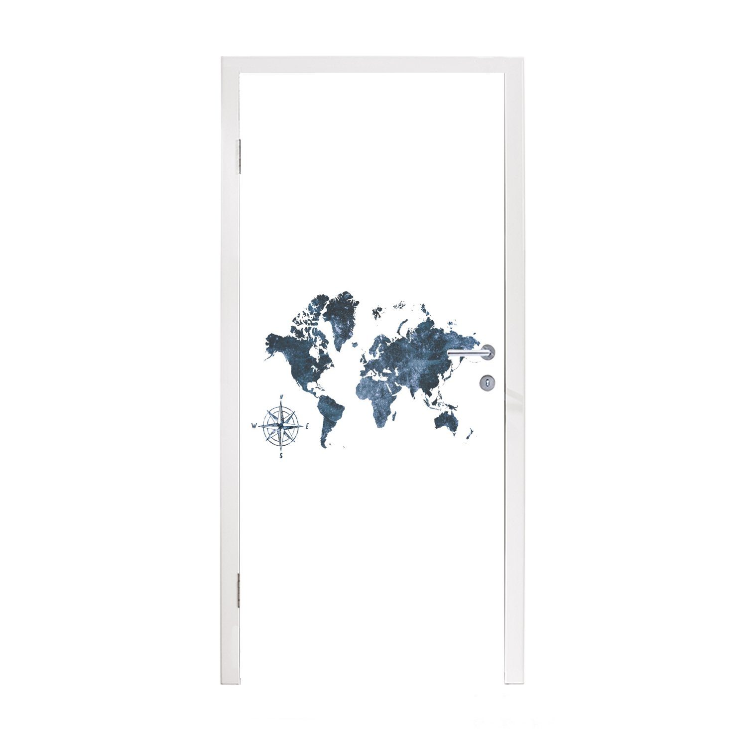 MuchoWow Türtapete Weltkarte - - bedruckt, blau cm Tür, Matt, für Türaufkleber, (1 Fototapete 75x205 St), Kompass