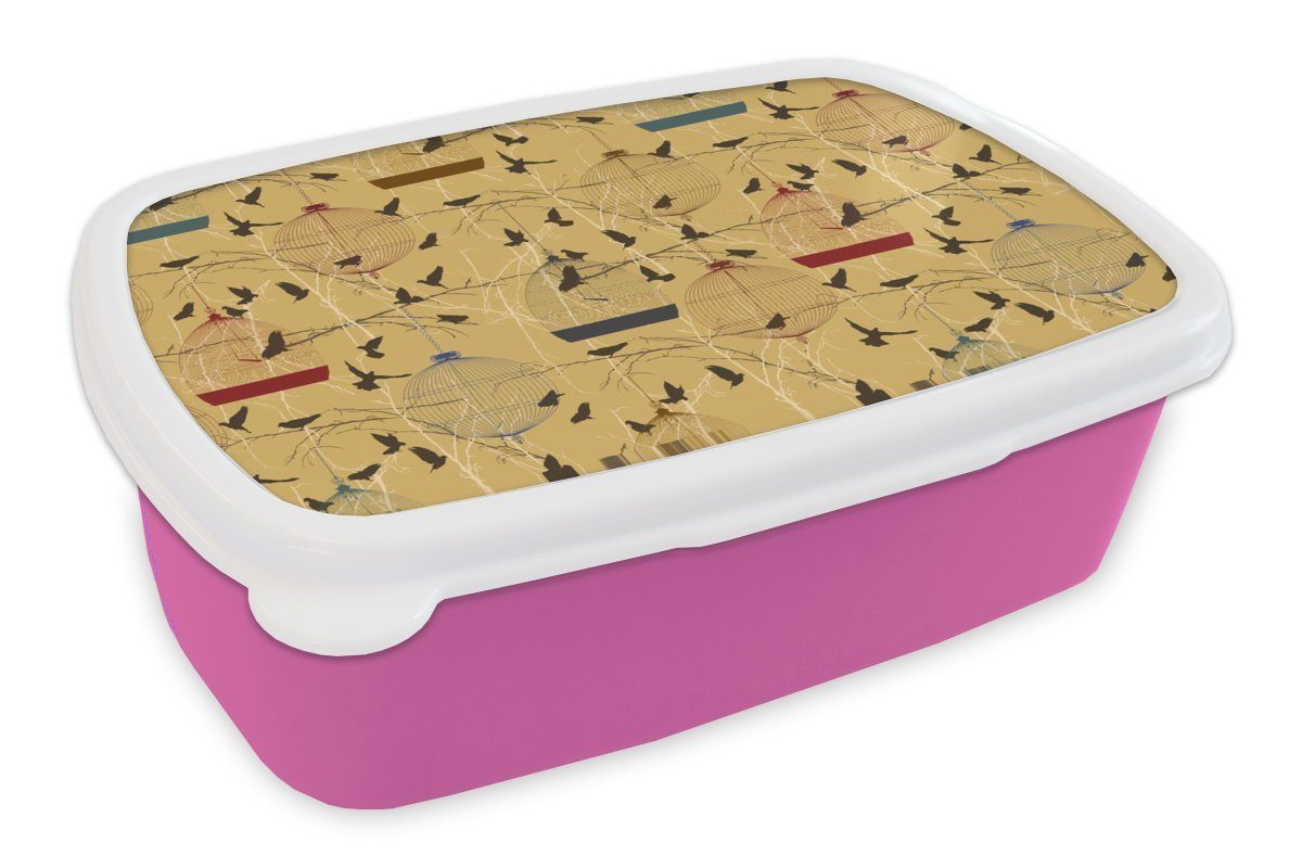 (2-tlg), Brotbox Kunststoff, Kunststoff Muster, - Erwachsene, Mädchen, Lunchbox für Snackbox, MuchoWow Brotdose Kinder, Vogelkäfig - Vogel rosa