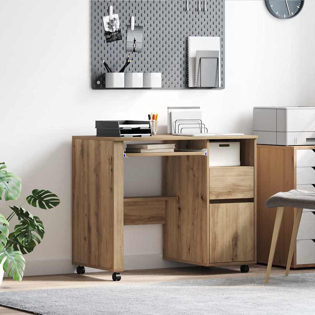 vidaXL Schreibtisch Tisch mit Rädern Artisan-Eiche Holzwerkstoff 91 x 50 x 77 cm (1-St) – Bild 2 von 5