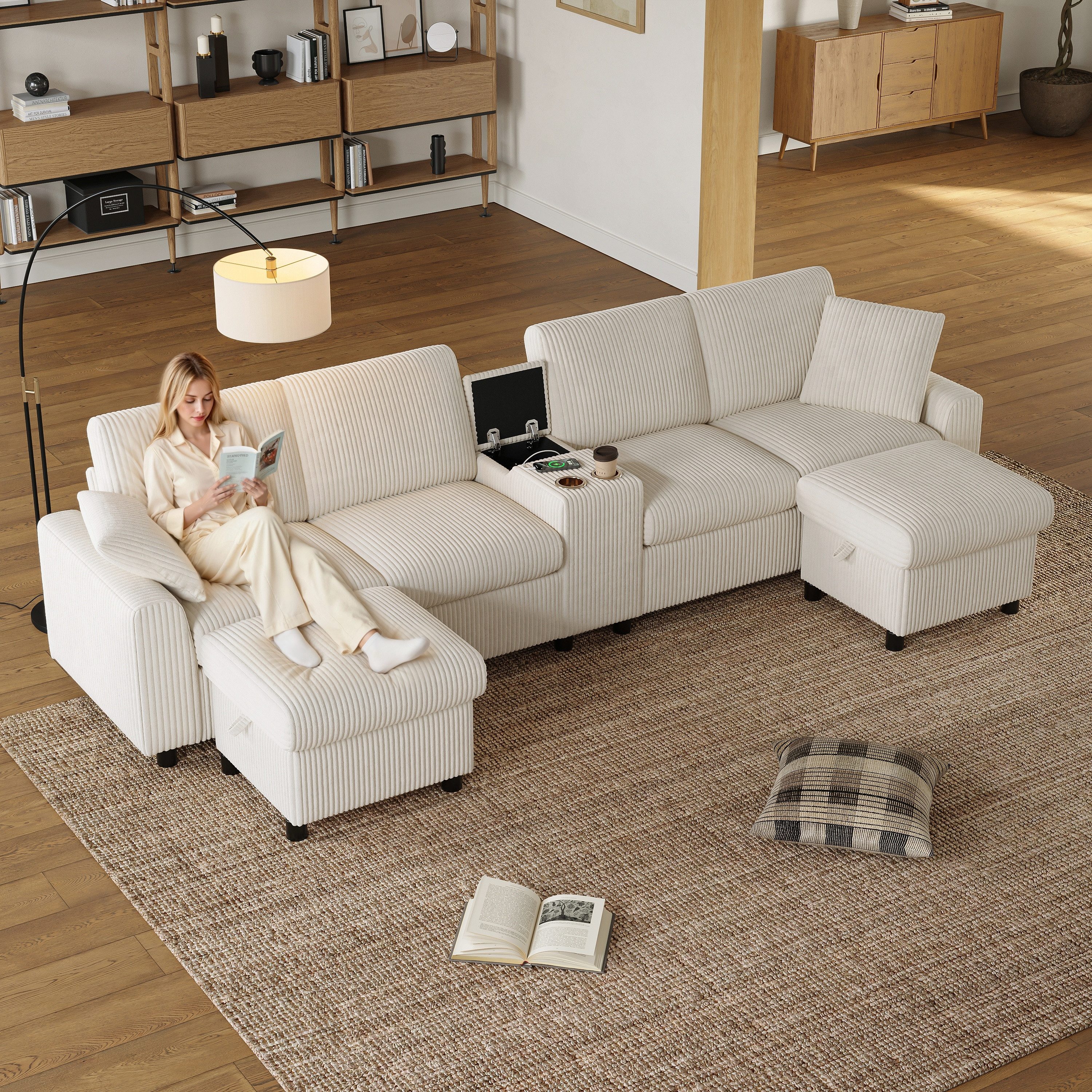 Merax Ecksofa 4-Sitzer U-Form Sofa mit 2 Hockern, 1 Teile, mit Bettkasten, Couch, Cord Stoff