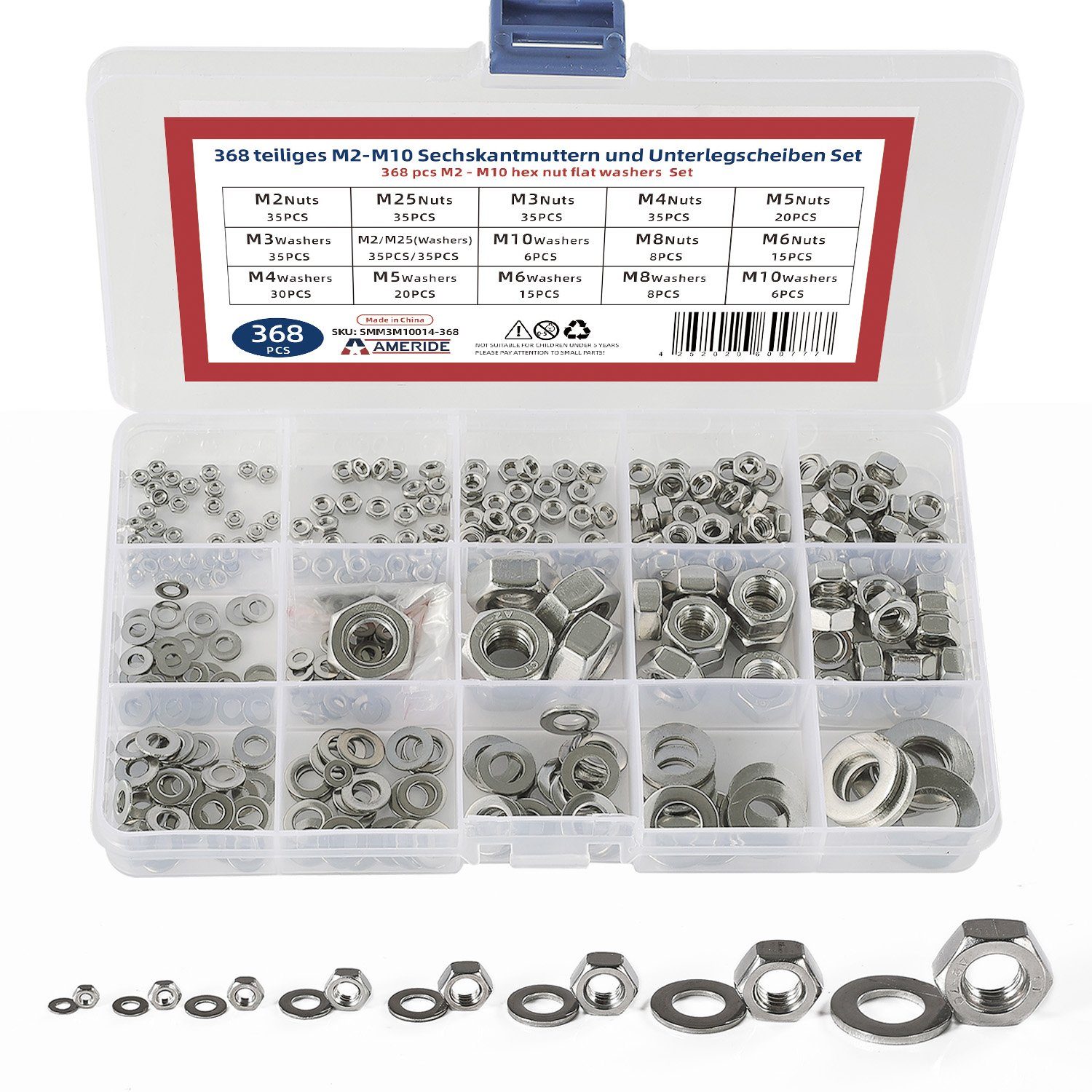 Muttern 368pcs Sechskantmuttern M2-M10 Muttern mit Unterlegscheiben