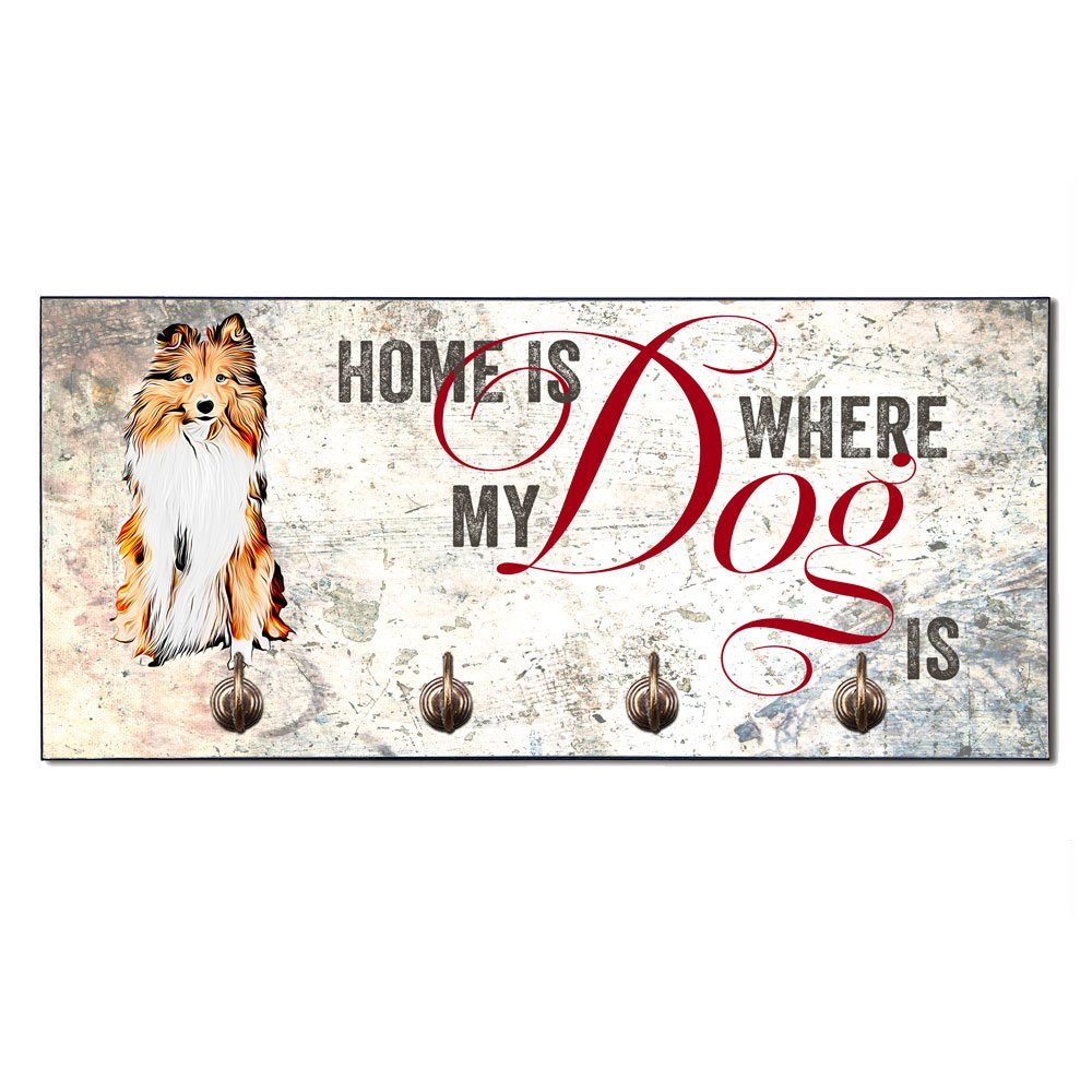 Cadouri Wandgarderobe SHELTIE Hundegarderobe - Wandboard für Hundezubehör (Garderobe mit 4 Haken), MDF, mit abgeschrägten Ecken, handgefertigt, für Hundebesitzer