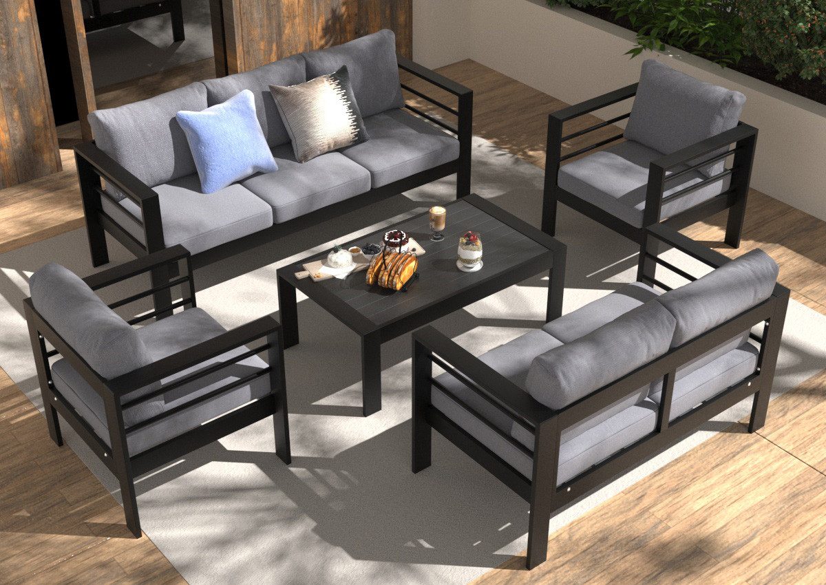 MeXo Gartenlounge-Set Gartenmöbel Set Aluminium 6-7 Personen outdoor wetterfest, (12cm Deluxe Relax-Sitzkissen, 5-tlg., Belastbarkeit pro Sitzplatz 140kg), Lounge Gartenmöbelset xxl luxus, Tischplatte aus WPC