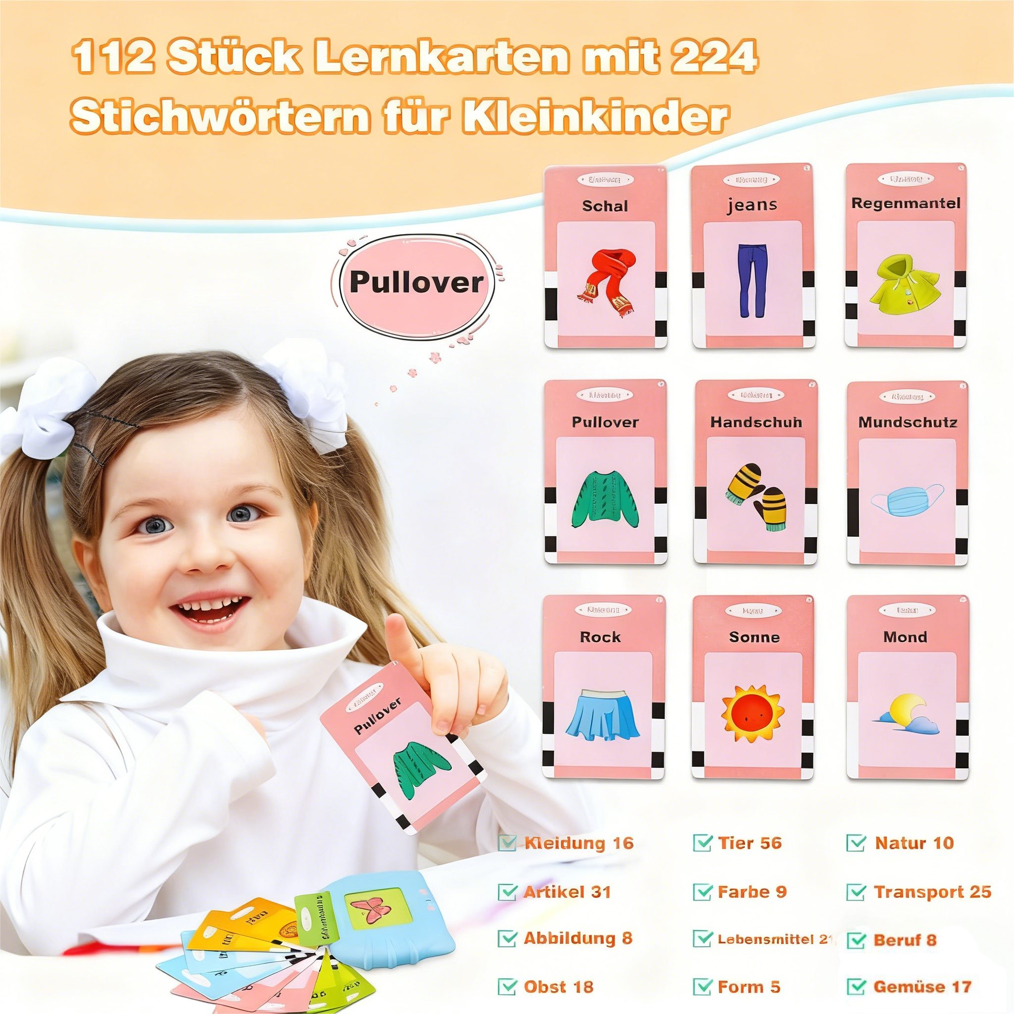 Forrlite Lernspielzeug Sprechende Lernkarten Deutsch & Englisch für Kleinkinder –224 Wörter (Geschenke für Kinder, akustisches Lernspielzeug,Kinder Geburtstagsgeschenk,12 Themen), 112 Blätter,interaktives Spielzeug,für Kinder ab 3 Jahren