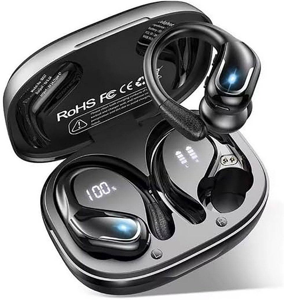 Futicare Bluetooth 5.4 Sportkopfhörer mit Ohrbügel, 75 Std. Akku & ENC, In-Ear-Kopfhörer (kabellose Bluetooth Kopfhörer mit 14,2-mm-Treiber, IPX7, LED-Anzeige, physische Tastensteuerung gegen versehentliche Berührungen)