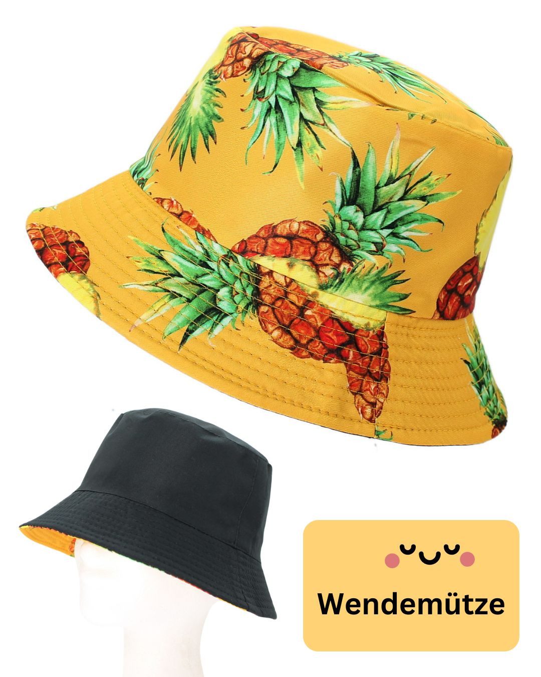 dy_mode Fischerhut Wendemütze mit Ananas-Print – 2-in-1 Bucket Hat für Damen & Herren beidseitig tragbar