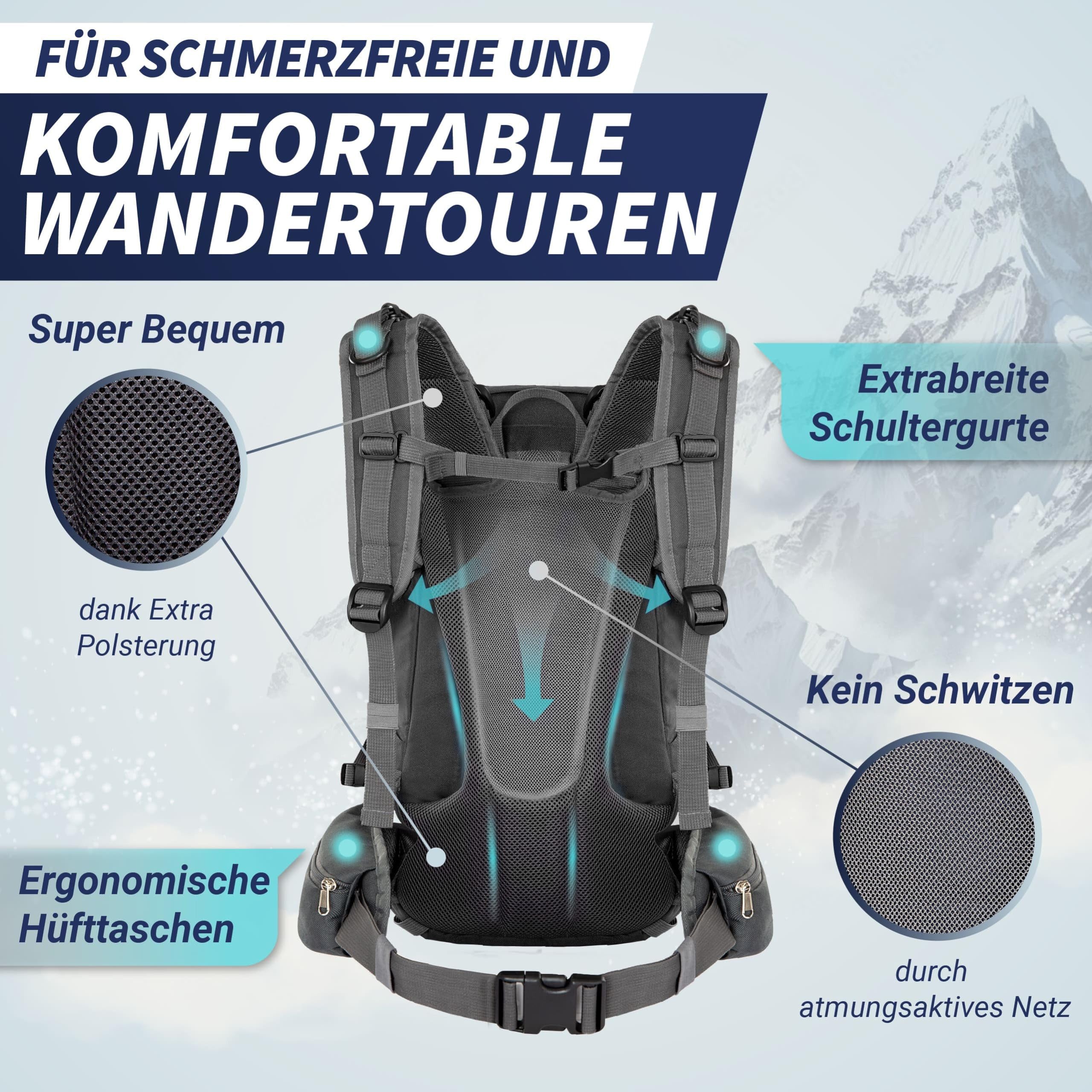 Sasmo Wanderrucksack Wanderrucksack 40l + 5l Mit Kontaktrücken, Isoliertes Frontfach, Integrierter Kulturbeutel, Schuhfach, - Inkl. Regenschutz