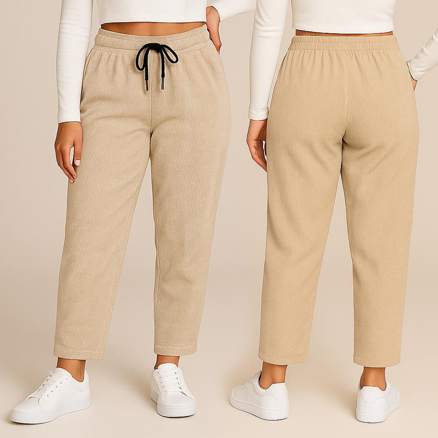 Kendindza Collection Jogger Pants Damen Cordhose Optik Hose Jogg-Pants elegant Stoffhose Stretch elastischer Stoff, weich mit Gummibund