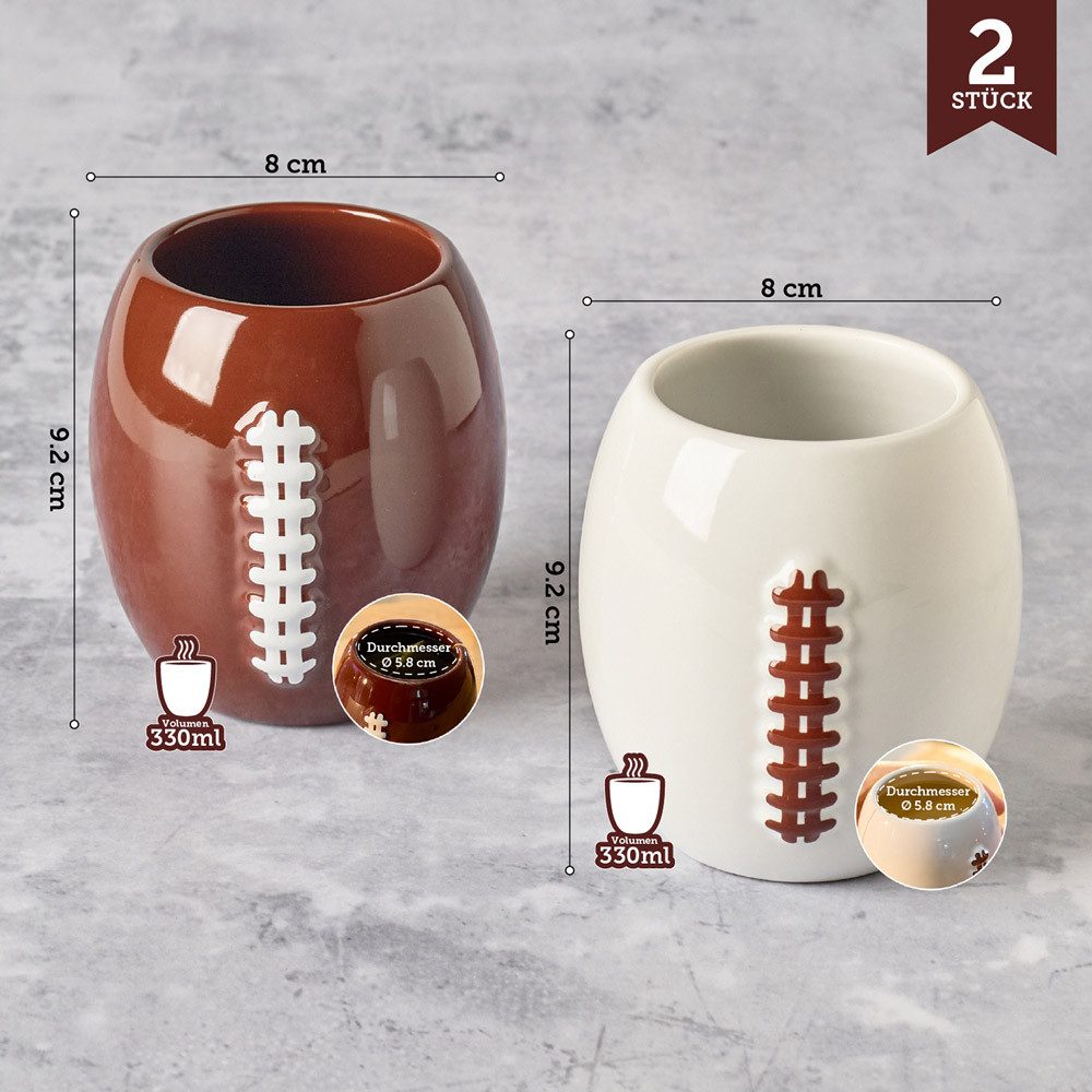 40YARDS Tasse American Football Tasse/Kaffeebecher (330 ml) im 2er Set, 2-tlg., Keramik, mit erhabener Football Naht