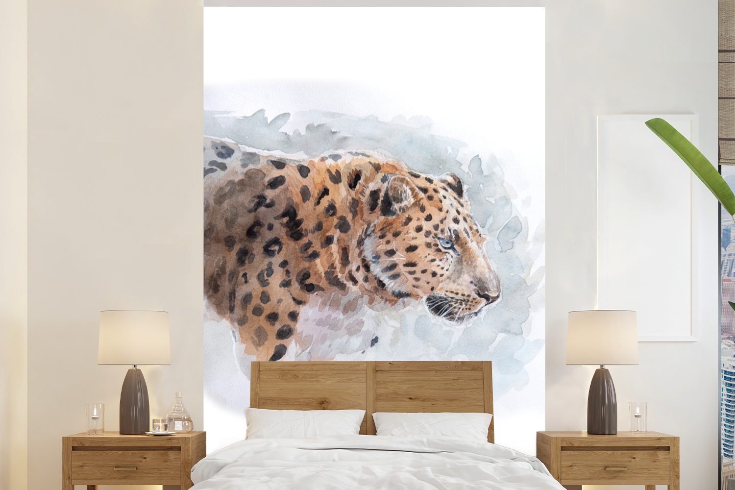 MuchoWow Fototapete Leopard - Aquarell - Tiere, Matt, bedruckt, (3 St), Montagefertig Vinyl Tapete für Wohnzimmer, Wandtapete