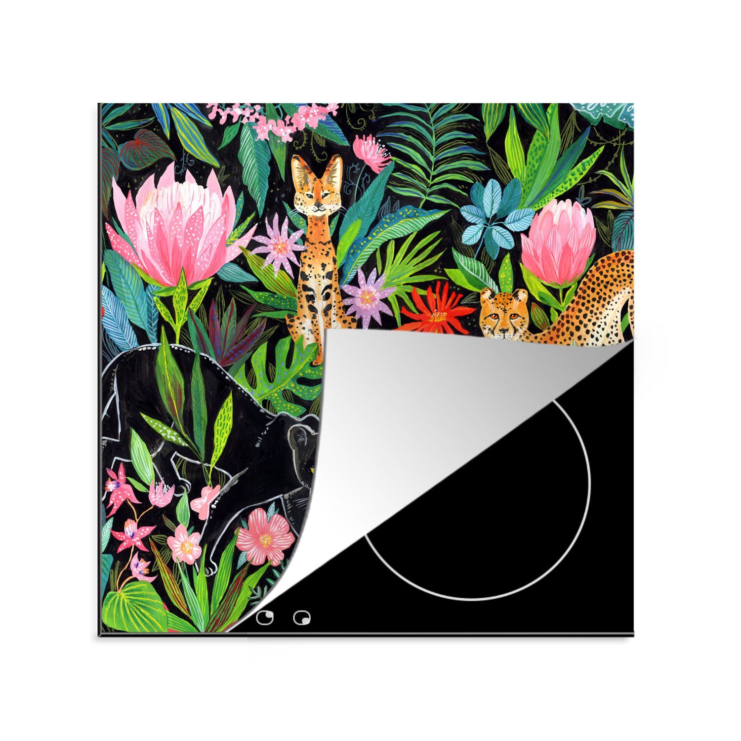 - 78x78 - cm, Ceranfeldabdeckung, Arbeitsplatte küche Vinyl, Herdblende-/Abdeckplatte Tiere tlg), MuchoWow Dschungel Blumen, - für Blätter (1