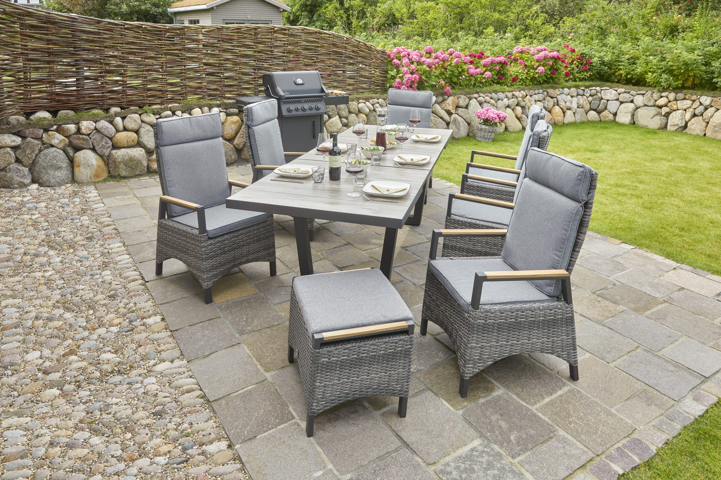 LC Garden Gartenstuhl LC Set Teak-Armlehne Verstellsessel Positionsstuhl mit Dining »Keramo« Garden 6er natur-grau