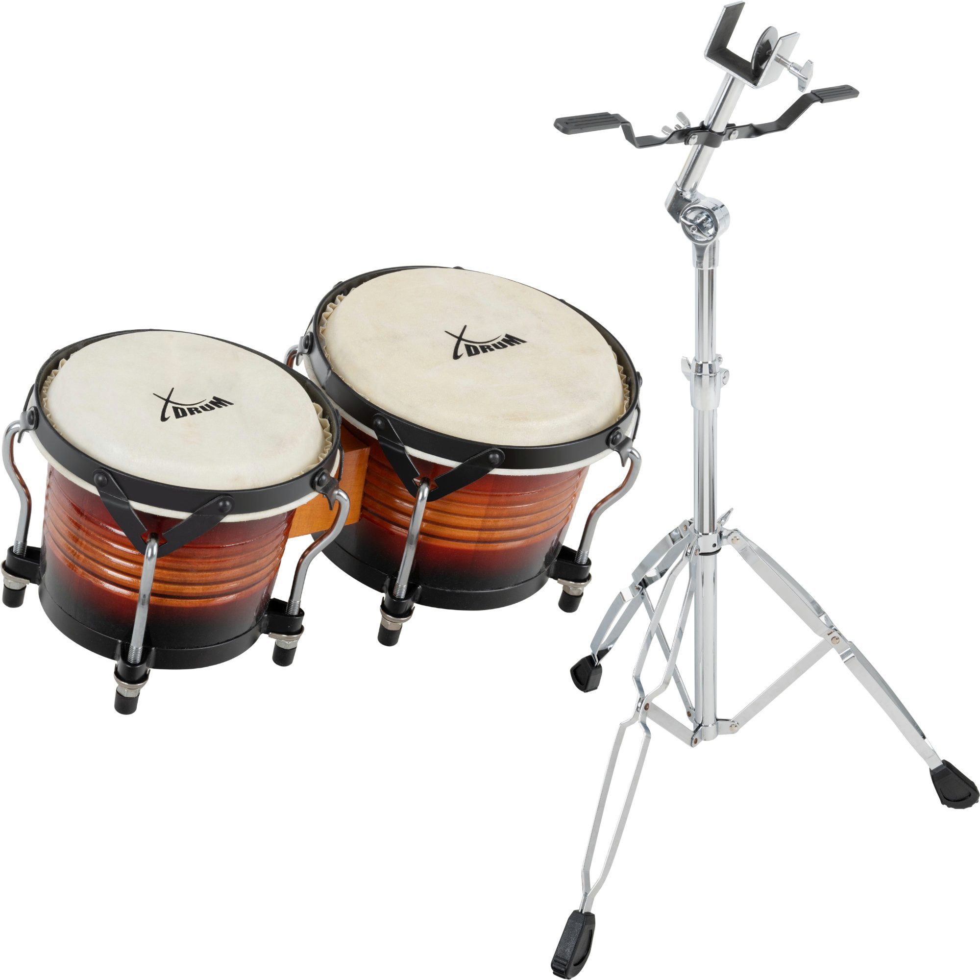 XDrum Bongo Pro - 6,5" Macho und 7,5" Hembra,Spar-Set, inkl. Ständer, mit stimmbaren Naturfellen - Holz: Birke