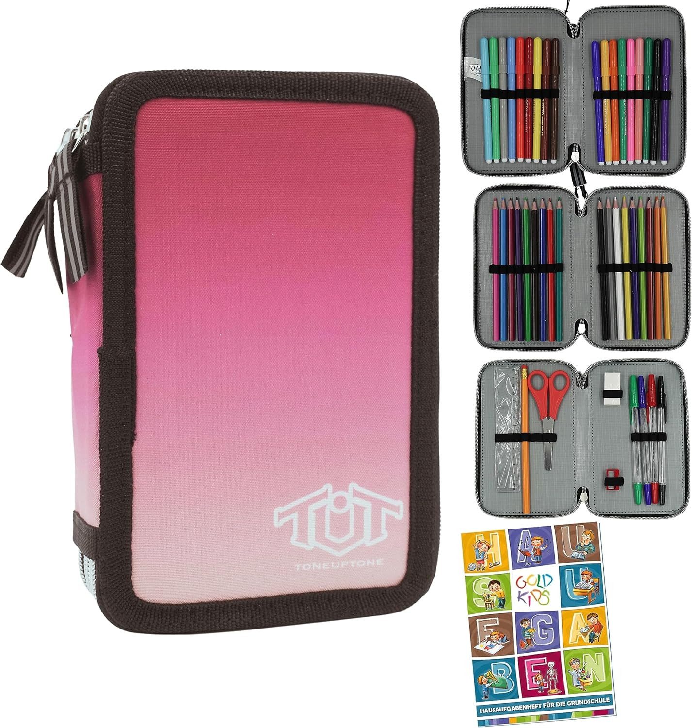GOLDKIDS Federmäppchen Federtasche Federmappe XXL Schüleretui, (Federtasche Federpenal Schulmäppchen, 1-tlg., ToneUpTone Ombre 3 Fächer 45-teilig), gefüllt inkl Hausaufgabenheft