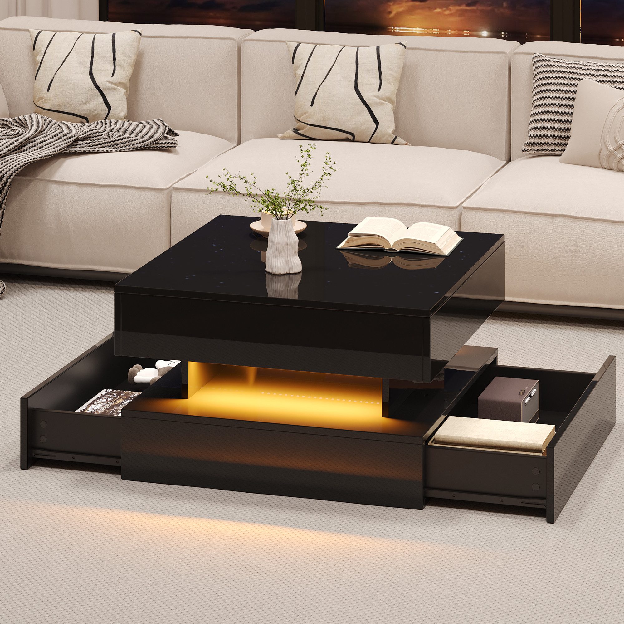 Merax Couchtisch hochglanz Sofatisch anhebbarer Beistelltisch mit LED-Beleu günstig online kaufen