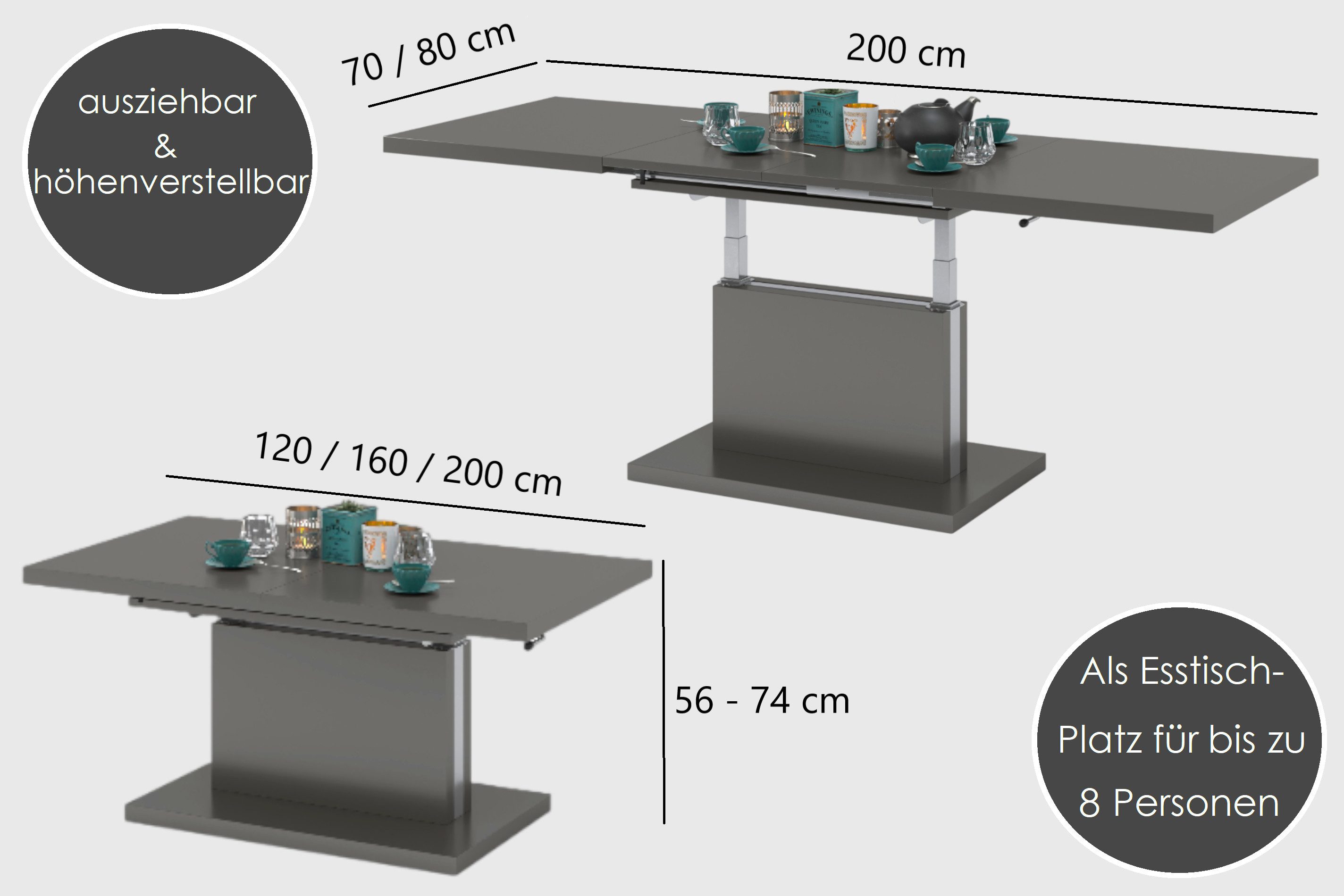 Mazzoni Couchtisch Aston Weiß-Schwarz matt stufenlos höhenverstellbar ausziehbar 120-200, Funktionstisch, Wohnzimmertisch, Tisch, Esstisch, Sofatisch