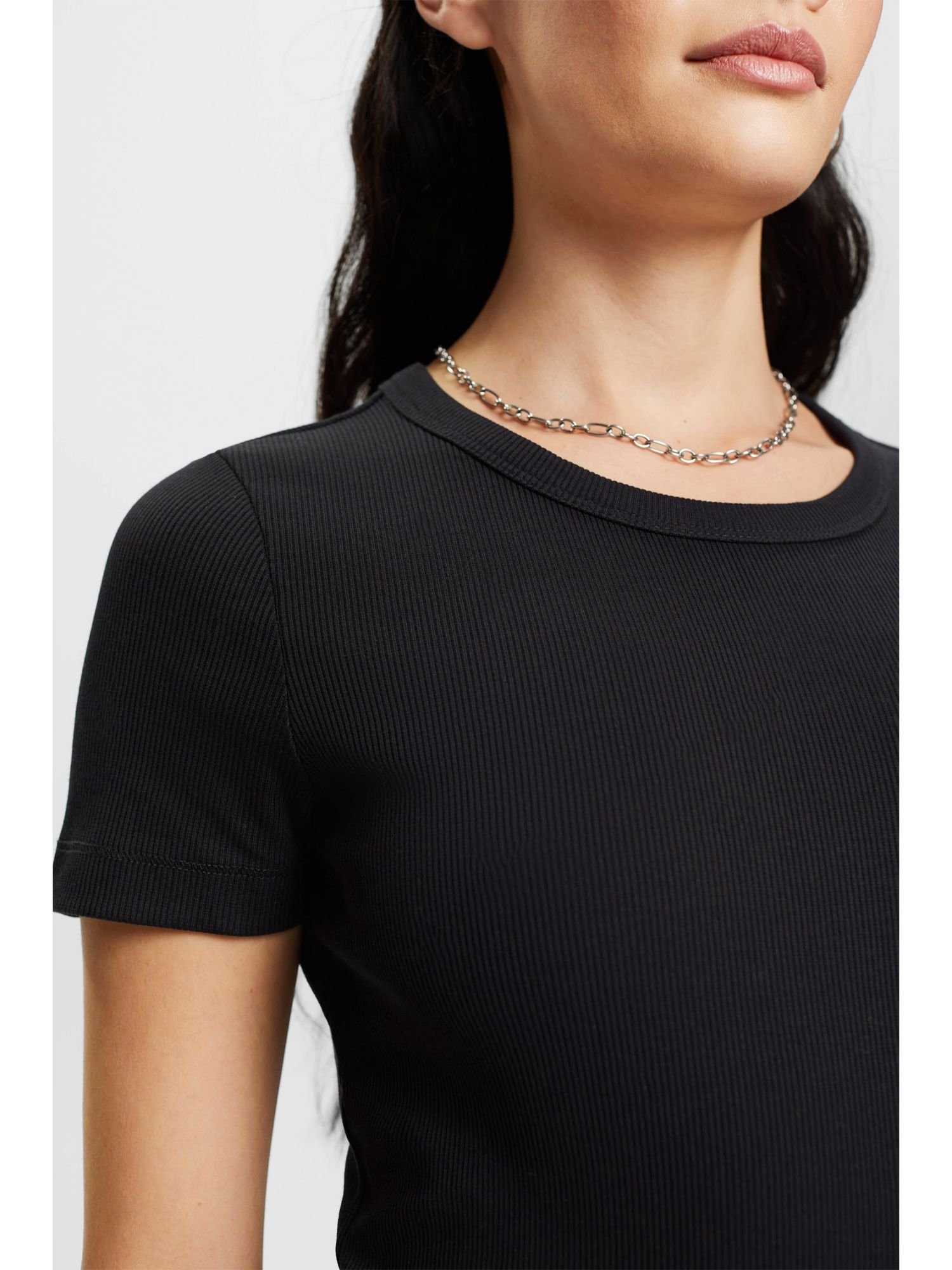 Esprit T-Shirt mit T-Shirt BLACK geripptem (1-tlg) Rundhalsausschnitt