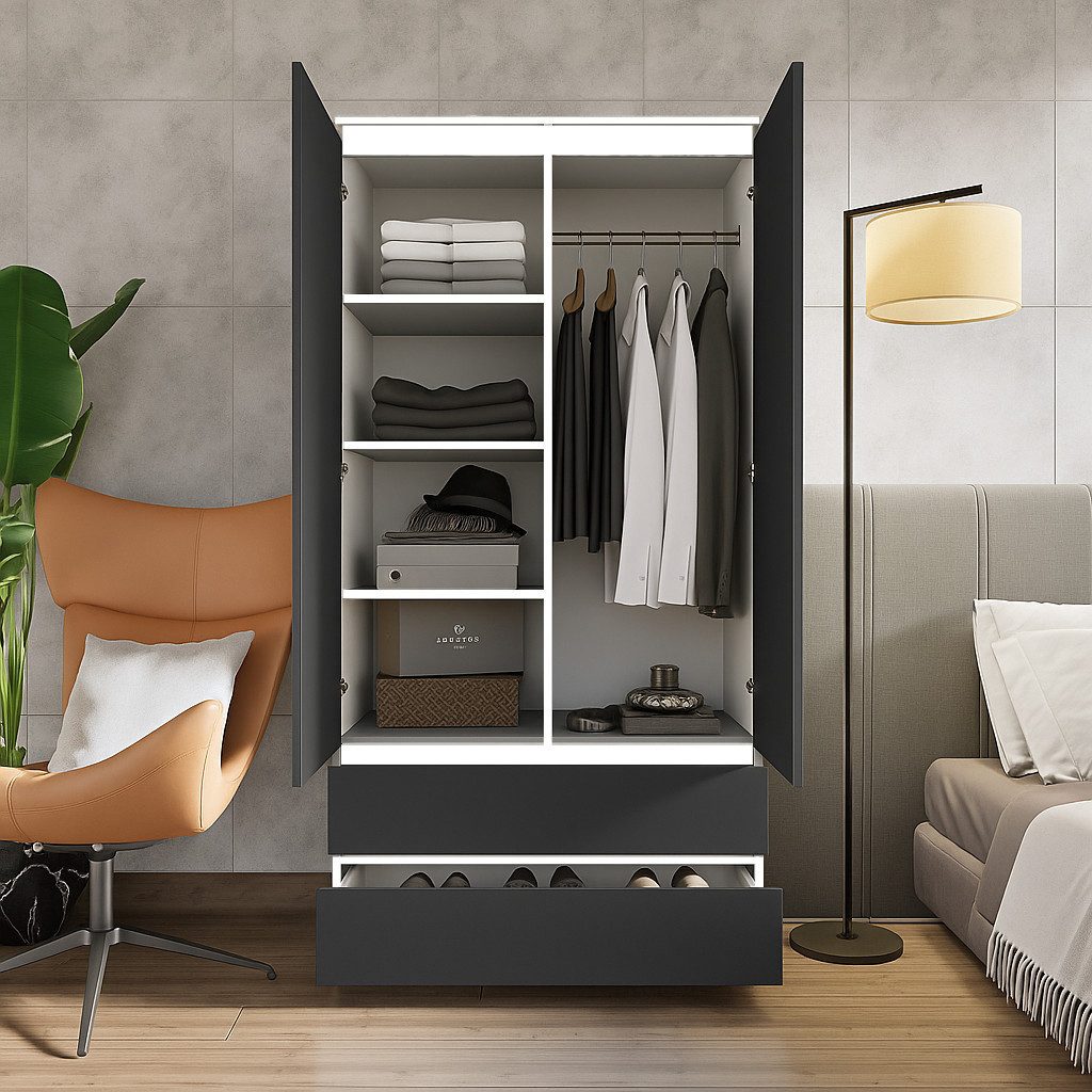 Furnica Kleiderschrank Joelle Weiß Matt, 2 Türen und 2 Schubladen H180cm B90cm T50cm