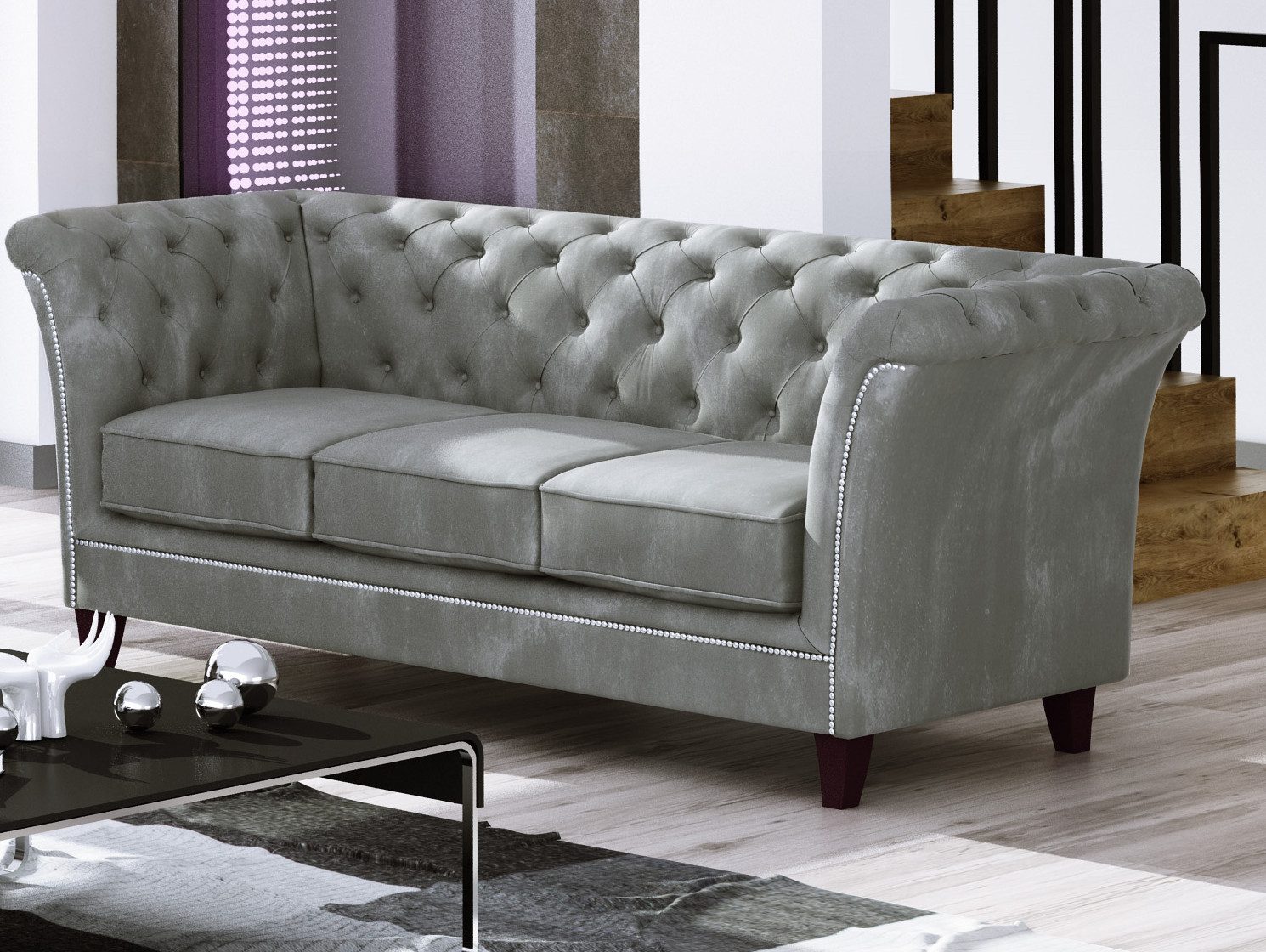S-Style Möbel Chesterfield-Sofa 3-Sitzer Rainsburg aus Samt-Stoff mit Holzfüßen, mit Wellenfederung