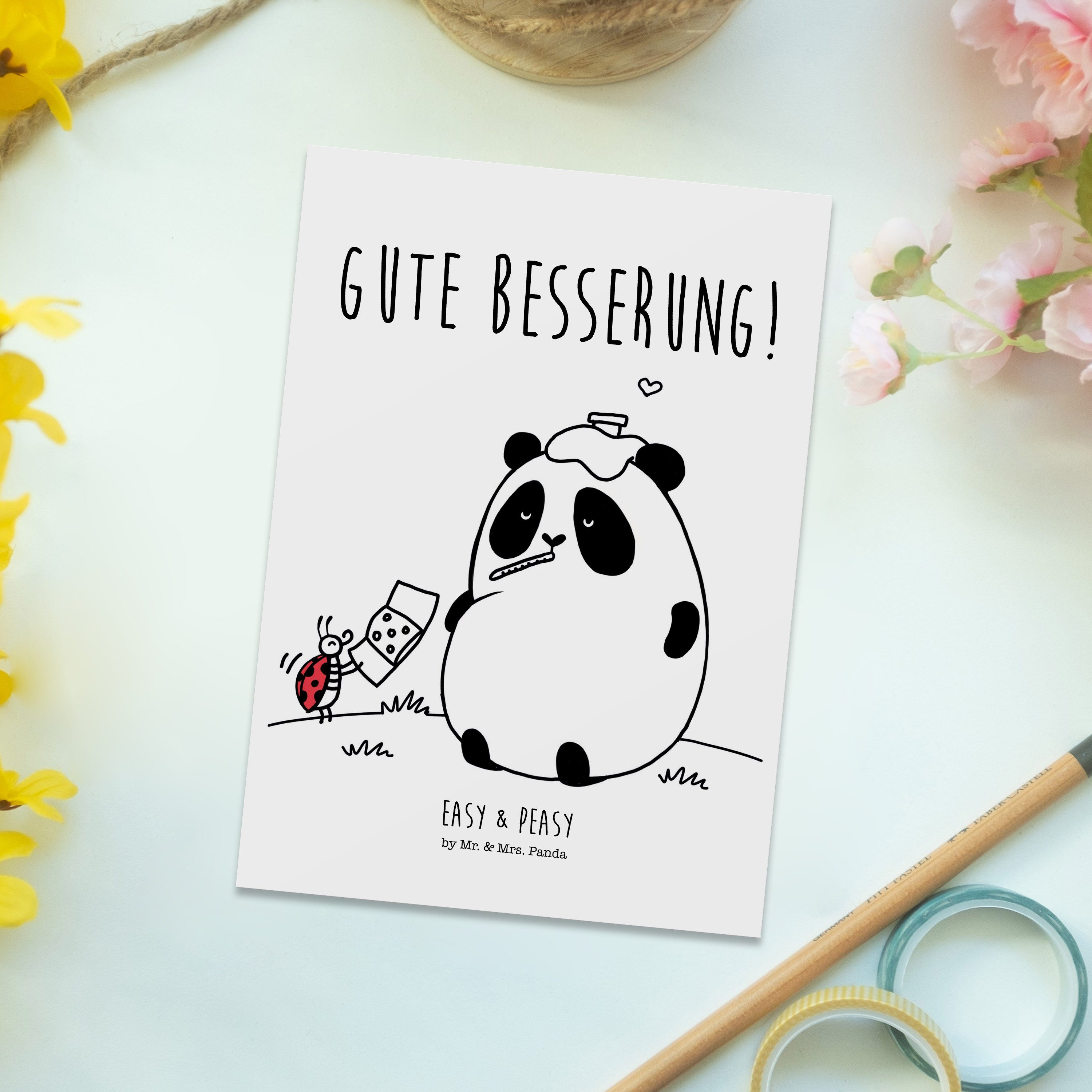 Mrs. - Easy Geschenk, Peasy Panda Einladung, Besserung Postkarte Weiß - Mr. & Gute & Grußkarte