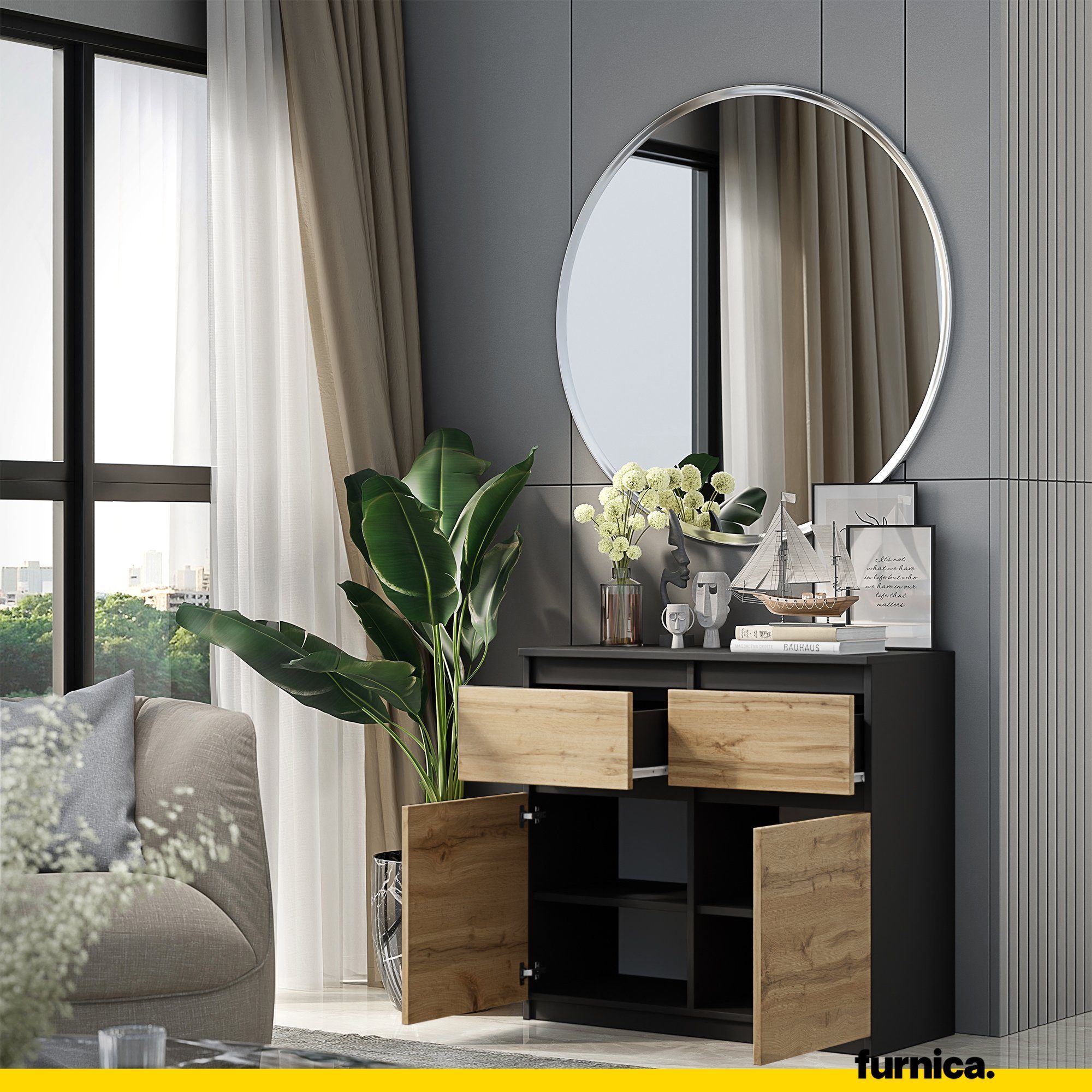 Furnica Kommode NOAH 2 Schubladen und 2 Türen - Anthrazit Grau H75cm B80cm T35cm – Bild 4 von 5