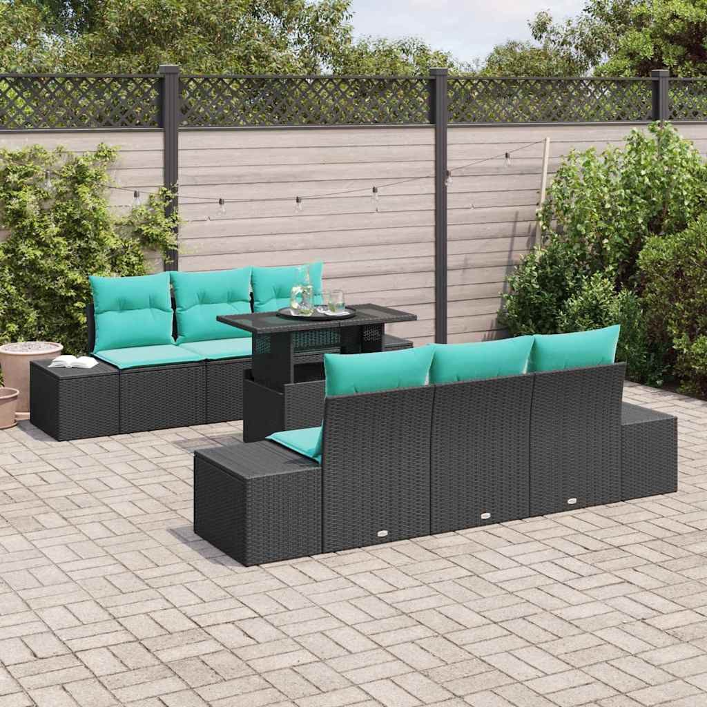 vidaXL Loungesofa Sofa Set 7 stk. 6-Sitzanzahl Schwarz und Blau Poly-Rattan, 7 Teile