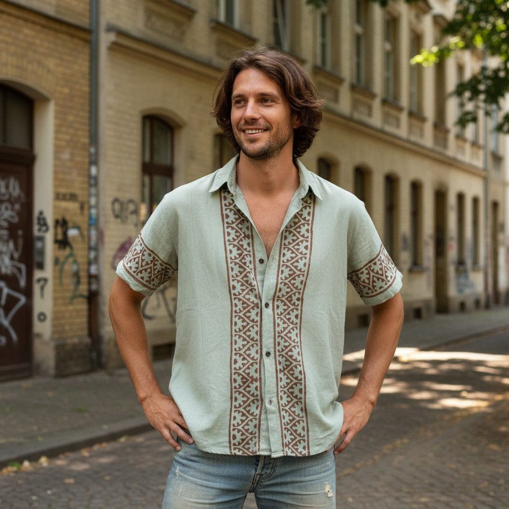 Guru-Shop Hemd & Shirt Natürliches Hemd aus Indien, Ethnohemd - salbei Ethn günstig online kaufen