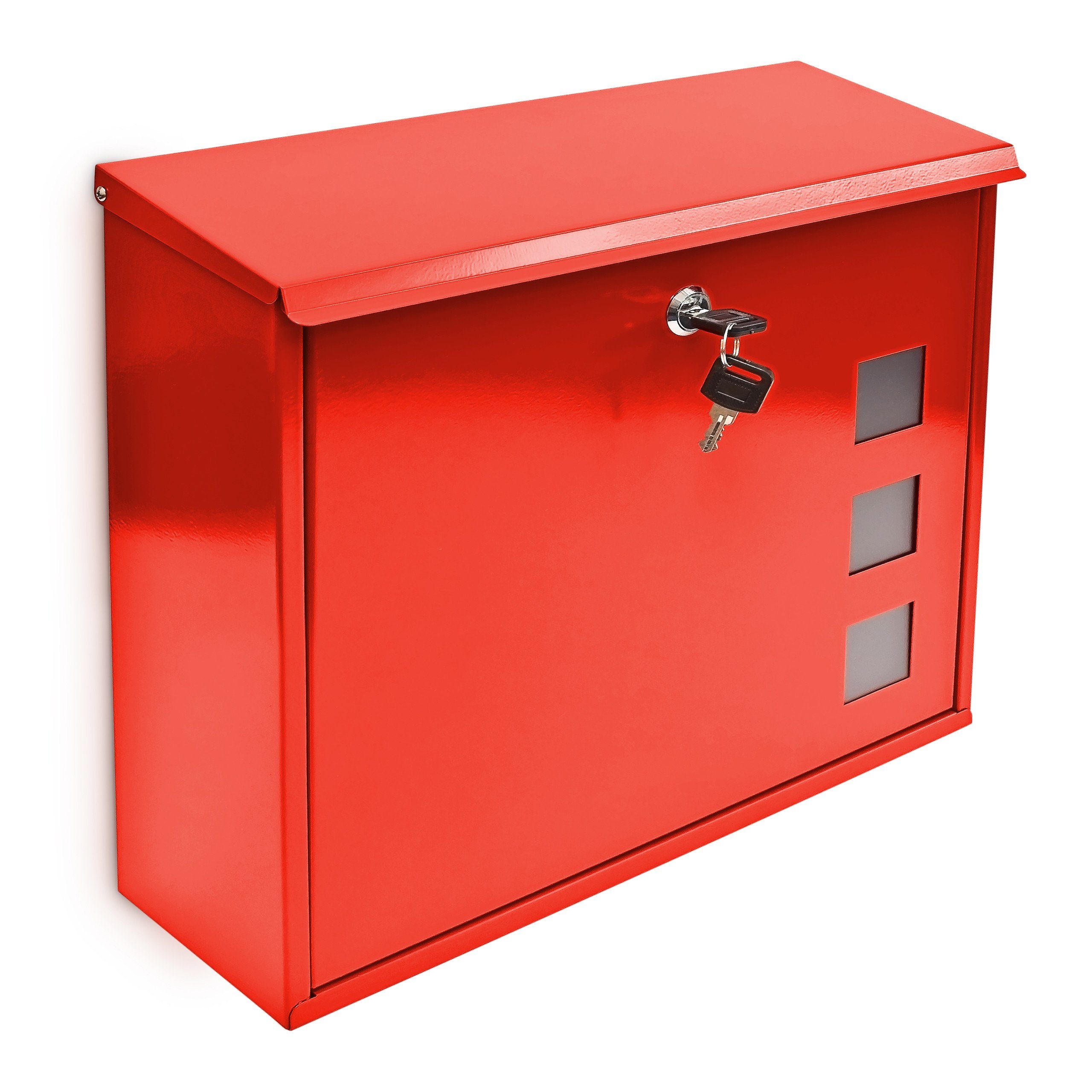 relaxdays Briefkasten Briefkasten Metall 3 Rot Silber Fenster Farbauswahl, Rot