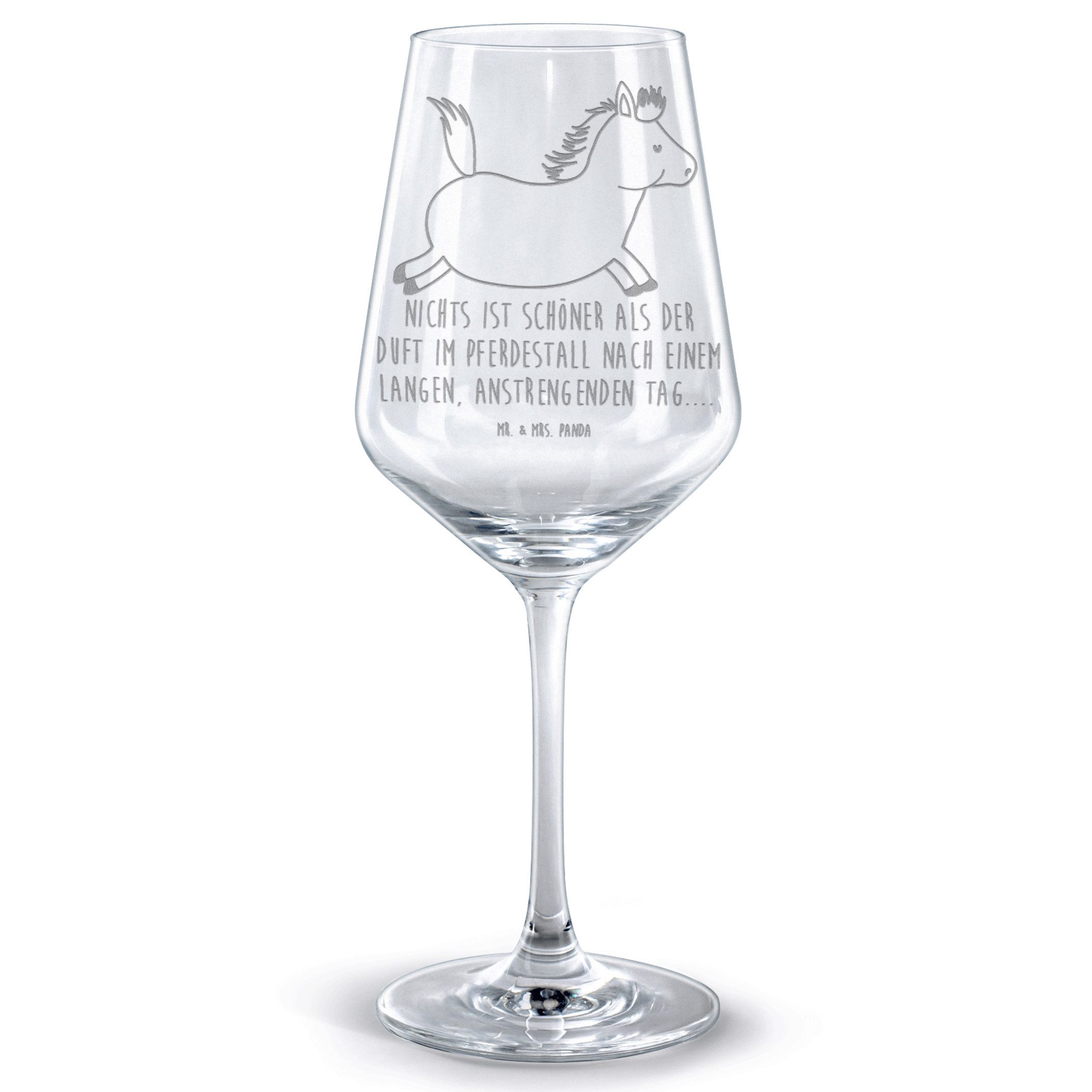 Mr. & Mrs. Panda Rotweinglas Pferd Springen - Transparent - Geschenk, Hochwertige Weinaccessoires, Premium Glas, Luxuriöse Gravur