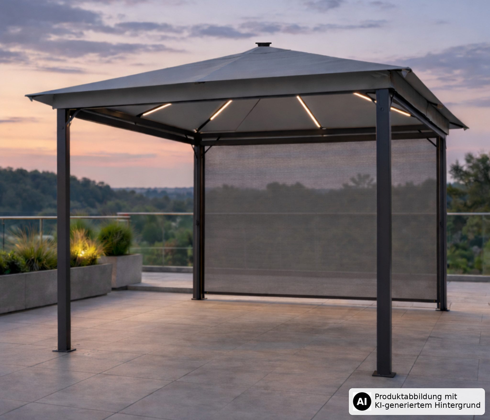 Leco Pavillon Solarpavillon Überdachung Sonnendach LINA 3x3 m mit Beleuchtung, mit 4 Seitenteilen, 300x300 cm
