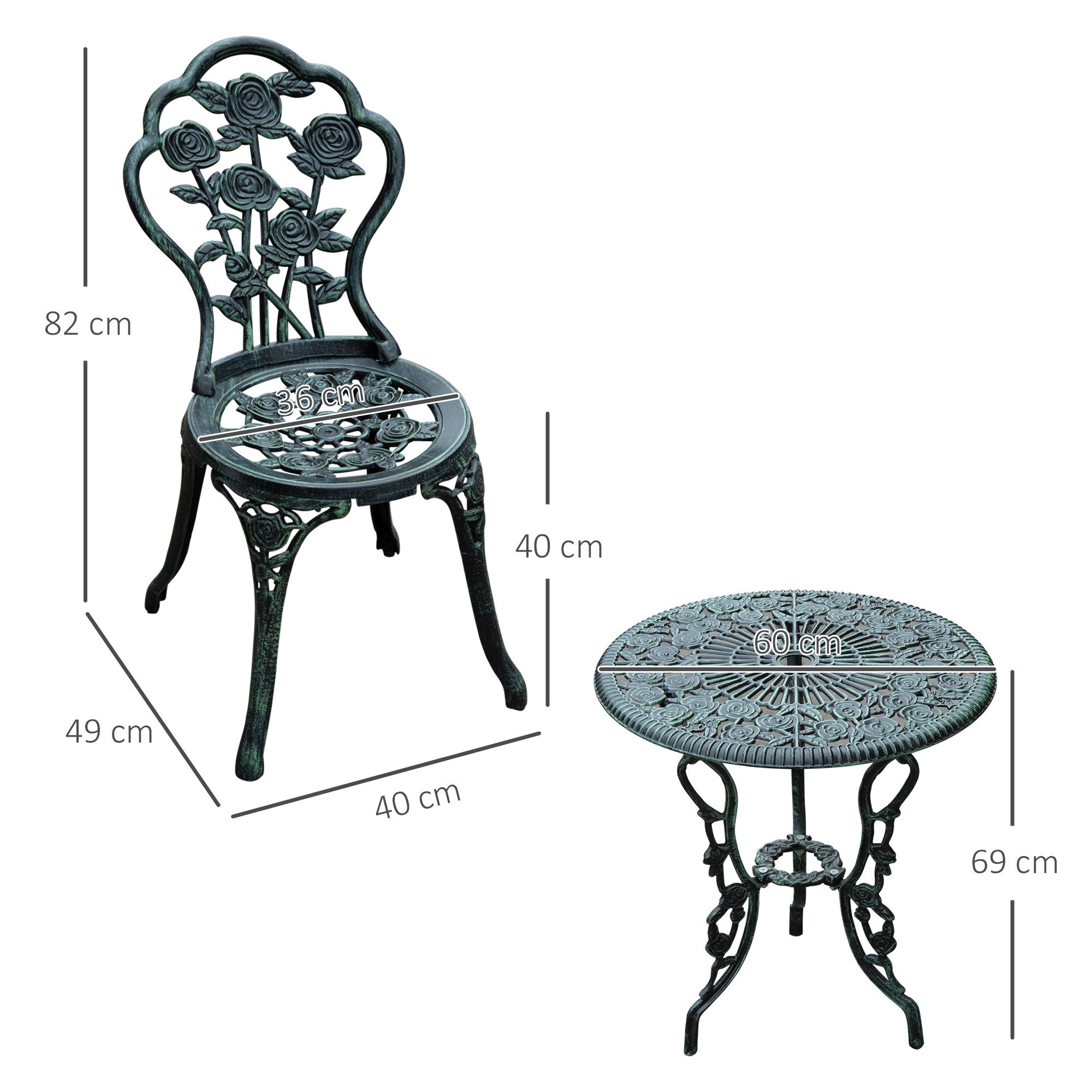 CHICFURN Balkonset Bistroset für Garten und Terrasse, (Set, 3-tlg., Gartenmöbel aus Gussaluminium mit klassischem Design), 3-teilig, Antik Grün