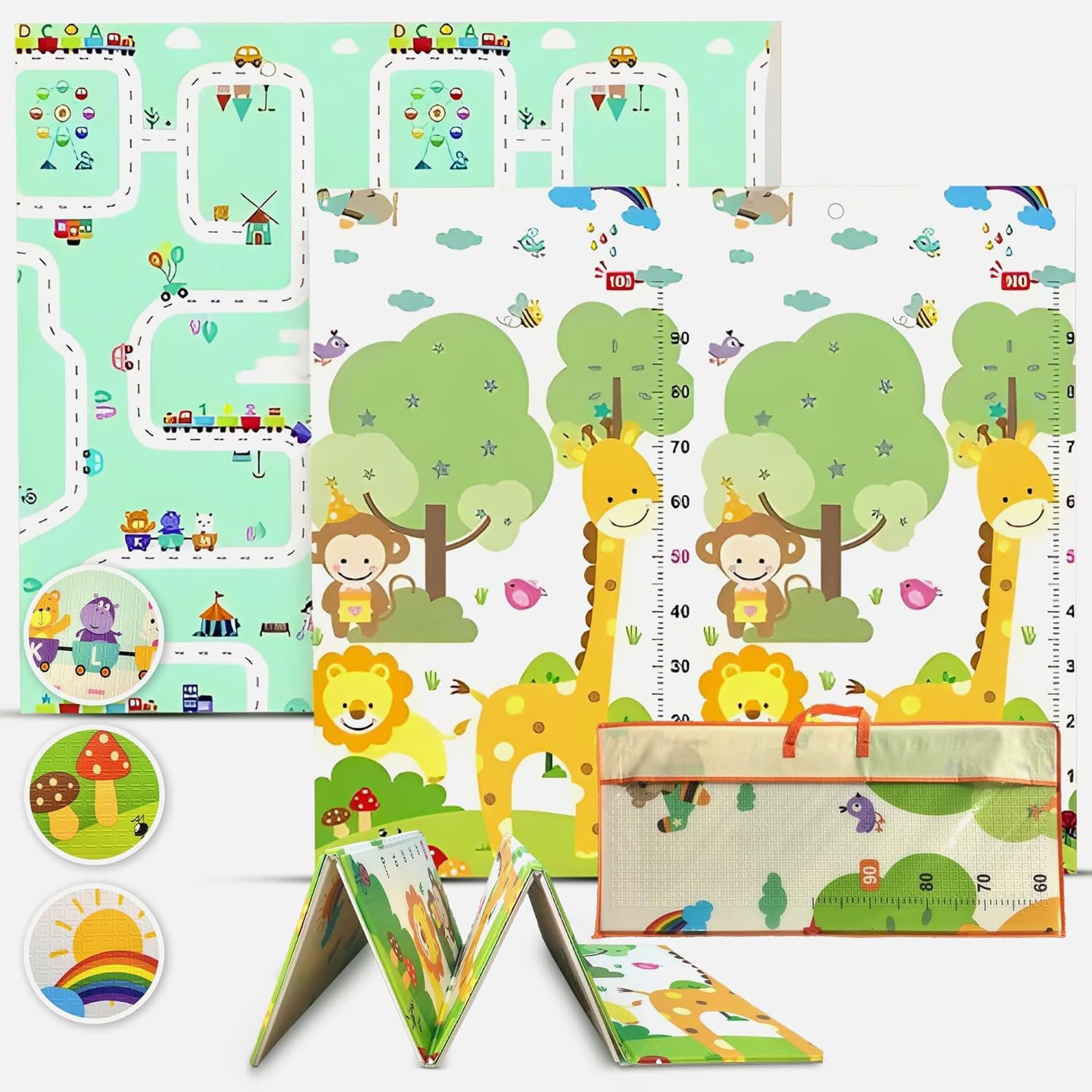 HEYHIPPO Spielmatte Faltbare Babyspielmatte 200x180cm Graffitimatte große Krabbelmatte (Zwei Größen 1,5 oder 2 m, Dicke 1 cm, Sichere wendbare, tragbare, extra große doppelseitige Krabbelmatte), Haushaltsbodenmatte wasserdicht rutschfest geruchlos mit Tra