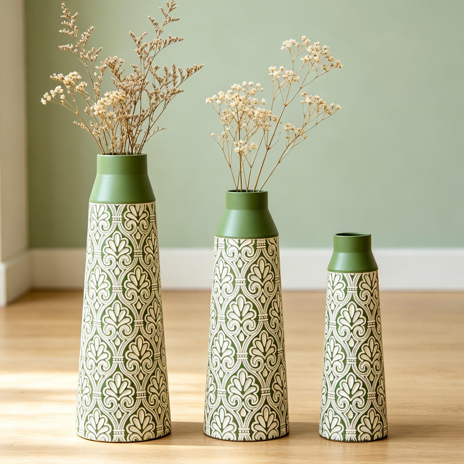 BlingBin Bodenvase Bodenvase 3er Set, Metall Vase mit Geometrischem Muster, 42/51/61 cm (3er Set, 3 St., Groß: 20x20x61cm, Mittel: 17x17x51cm, Klein: 15x15x44cm), Dekovase für Wohnzimmer, Esszimmer, Trockenblumen & Pampasgras, Grün