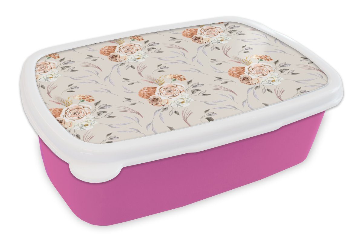 MuchoWow Lunchbox Rosen - Blätter - Muster, Kunststoff, (2-tlg), Brotbox für Erwachsene, Brotdose Kinder, Snackbox, Mädchen, Kunststoff rosa