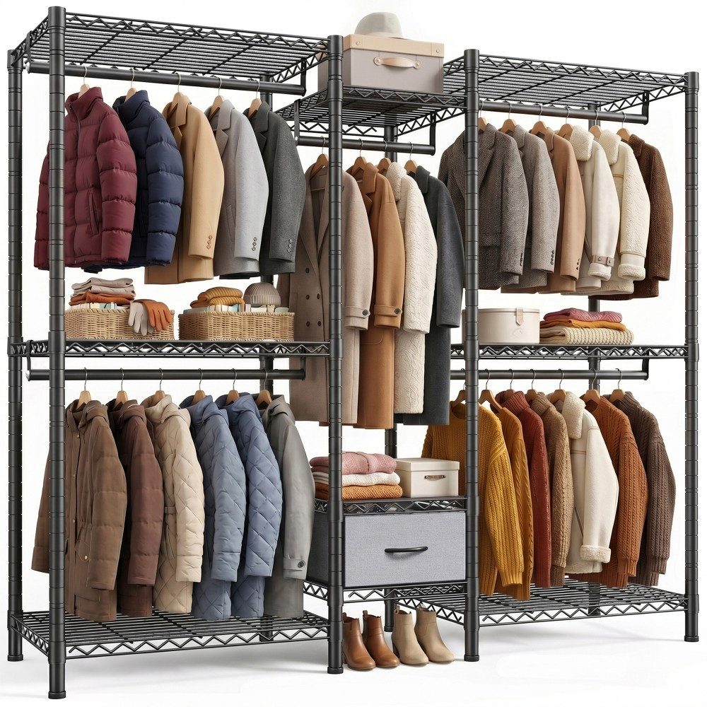 Klyvvo Kleiderständer 550 KG Traglast Schwerlast Offener Kleiderschrank für Mäntel, Jacken, (1 St., mit 8 Höhenverstellbaren Regalböden, 5 Kleiderstangen & 1 Schublade), 189x45x195 cm, Metallrahmen, Schwarz