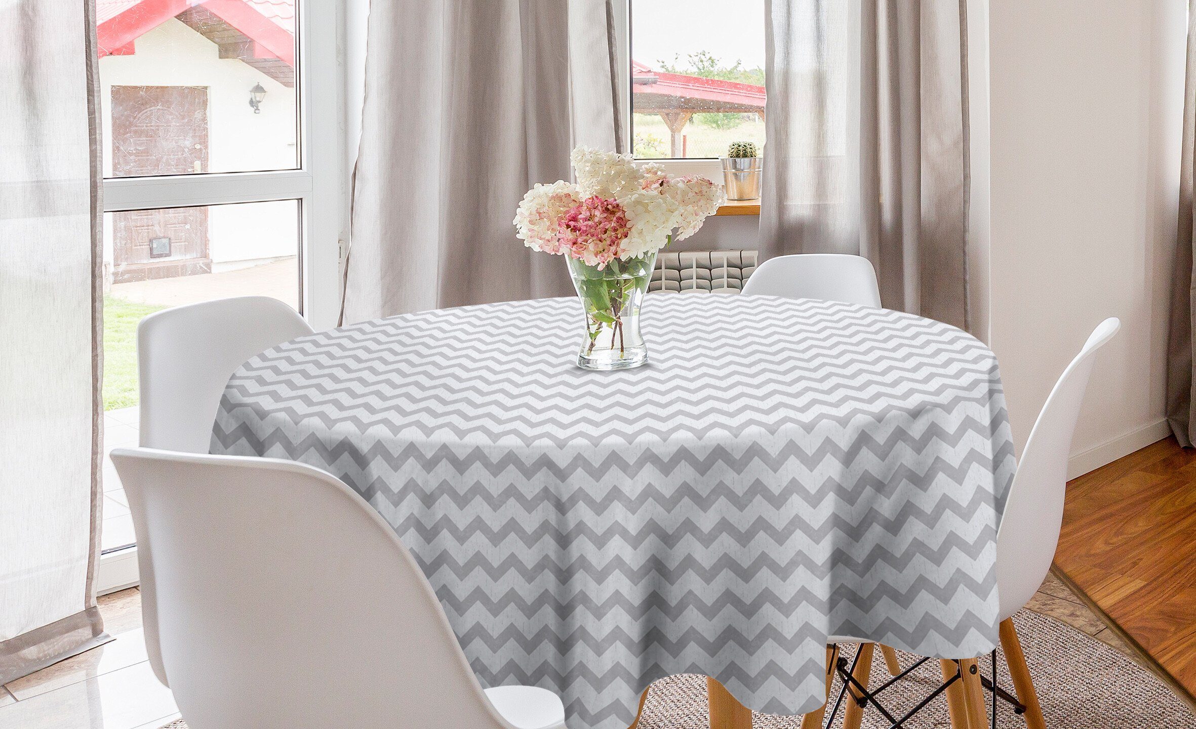 Abakuhaus Tischdecke Kreis Tischdecke Abdeckung für Esszimmer Küche Dekoration, Grau und Weiß geometrische Zigzag